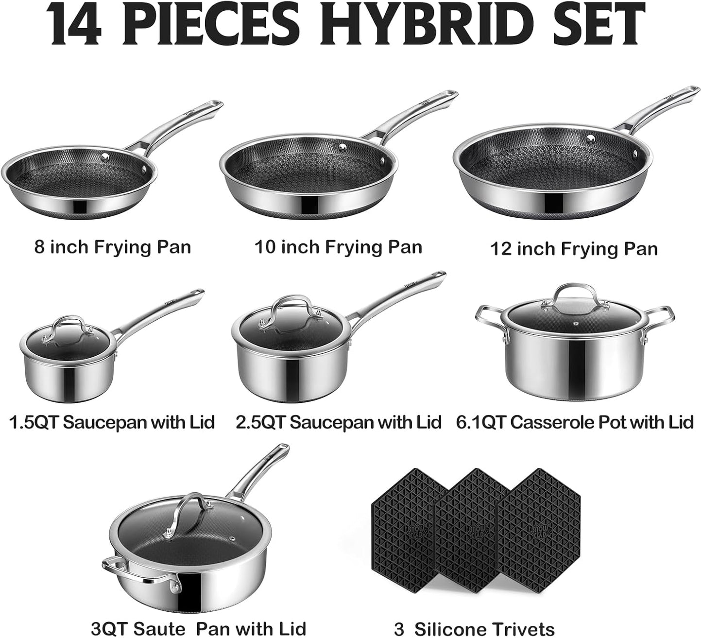 14 Piece Non Stick Pots and Pans Set Stainless Steel Cookware PFOA Free Induction