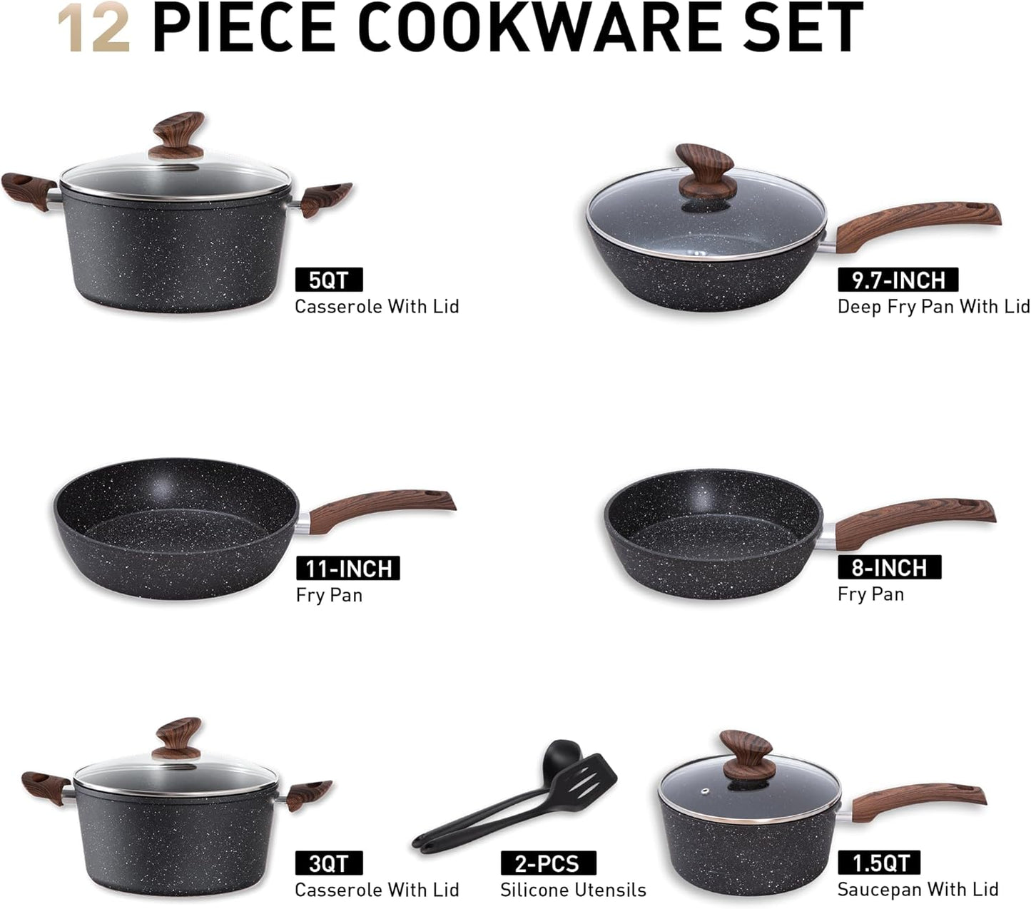 12 Piece Green Granite Nonstick Pots and Pans Set Induction Compatible Cookware