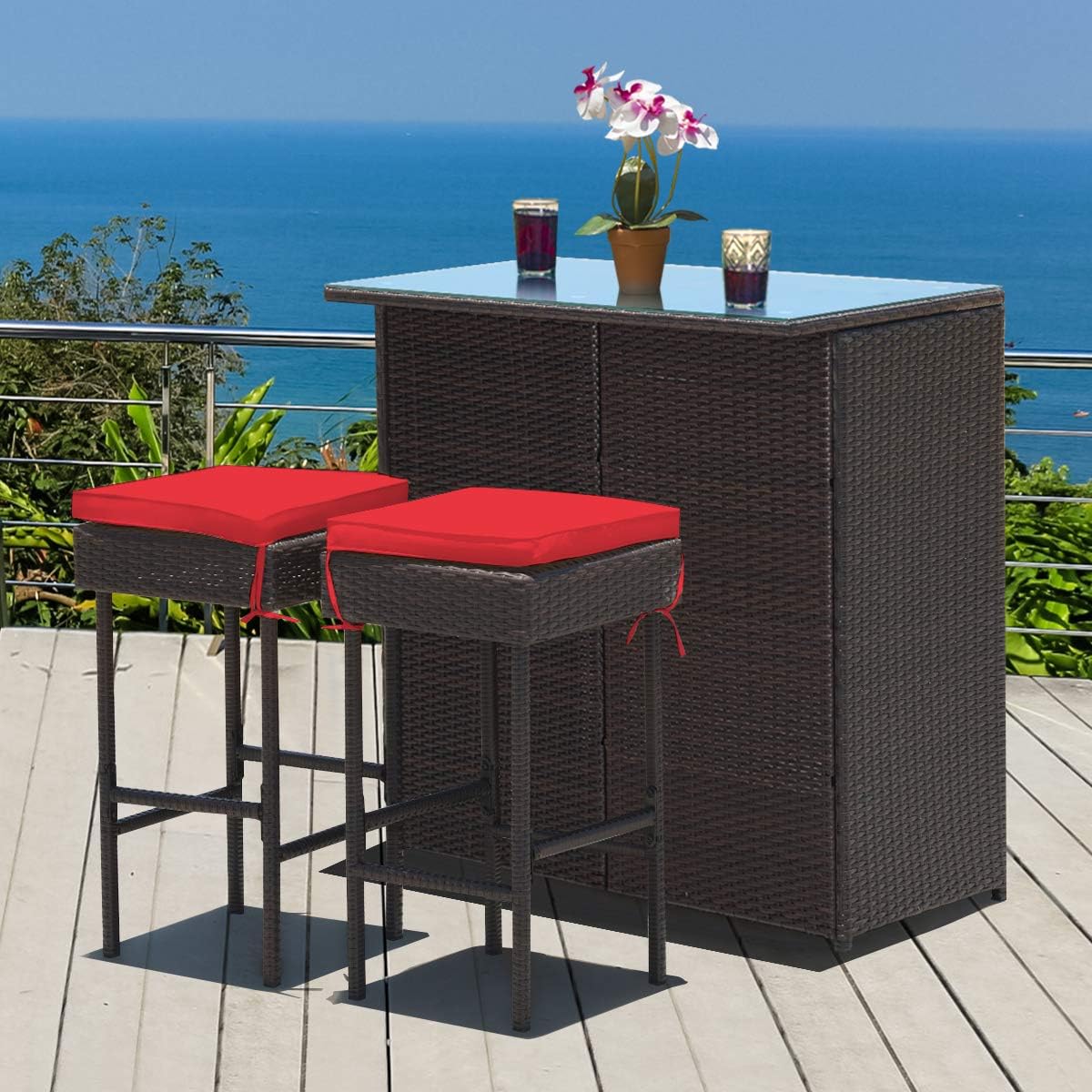 3 Piece Outdoor Rattan Bar Set with Glass Table Stools and Removable Cushions
