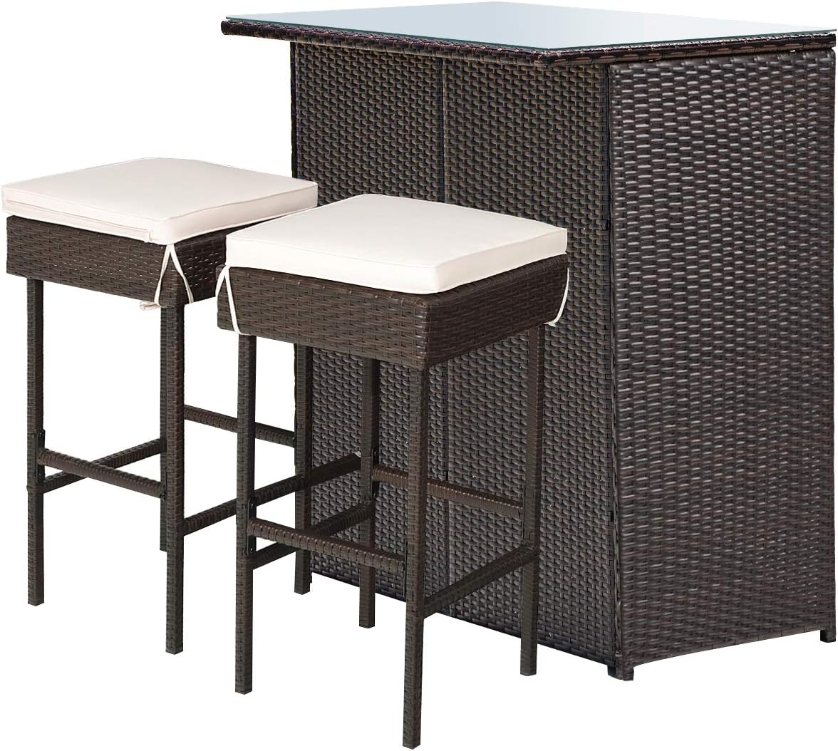 3 Piece Outdoor Rattan Bar Set with Glass Table Stools and Removable Cushions