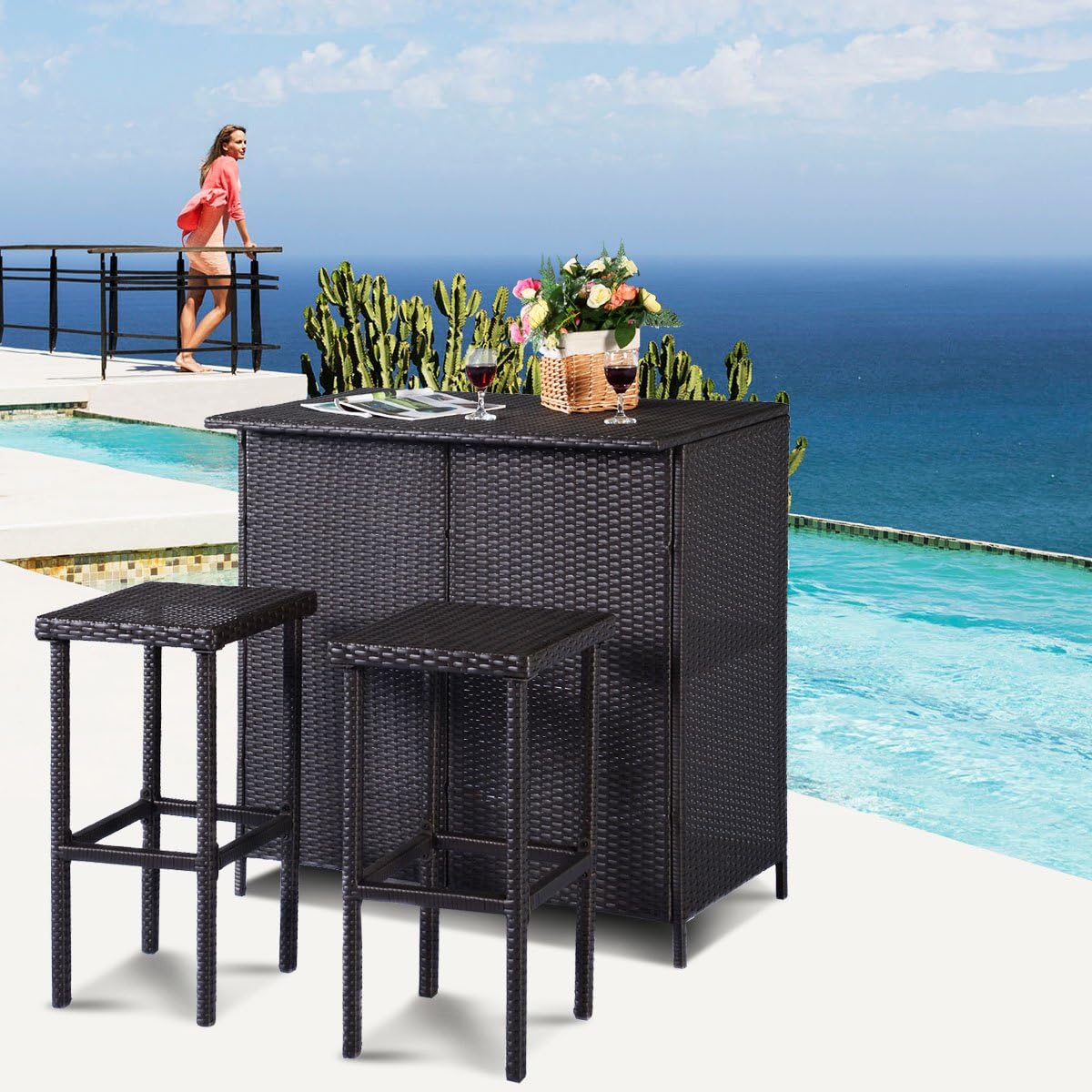 3 Piece Outdoor Rattan Bar Set with Glass Table Stools and Removable Cushions