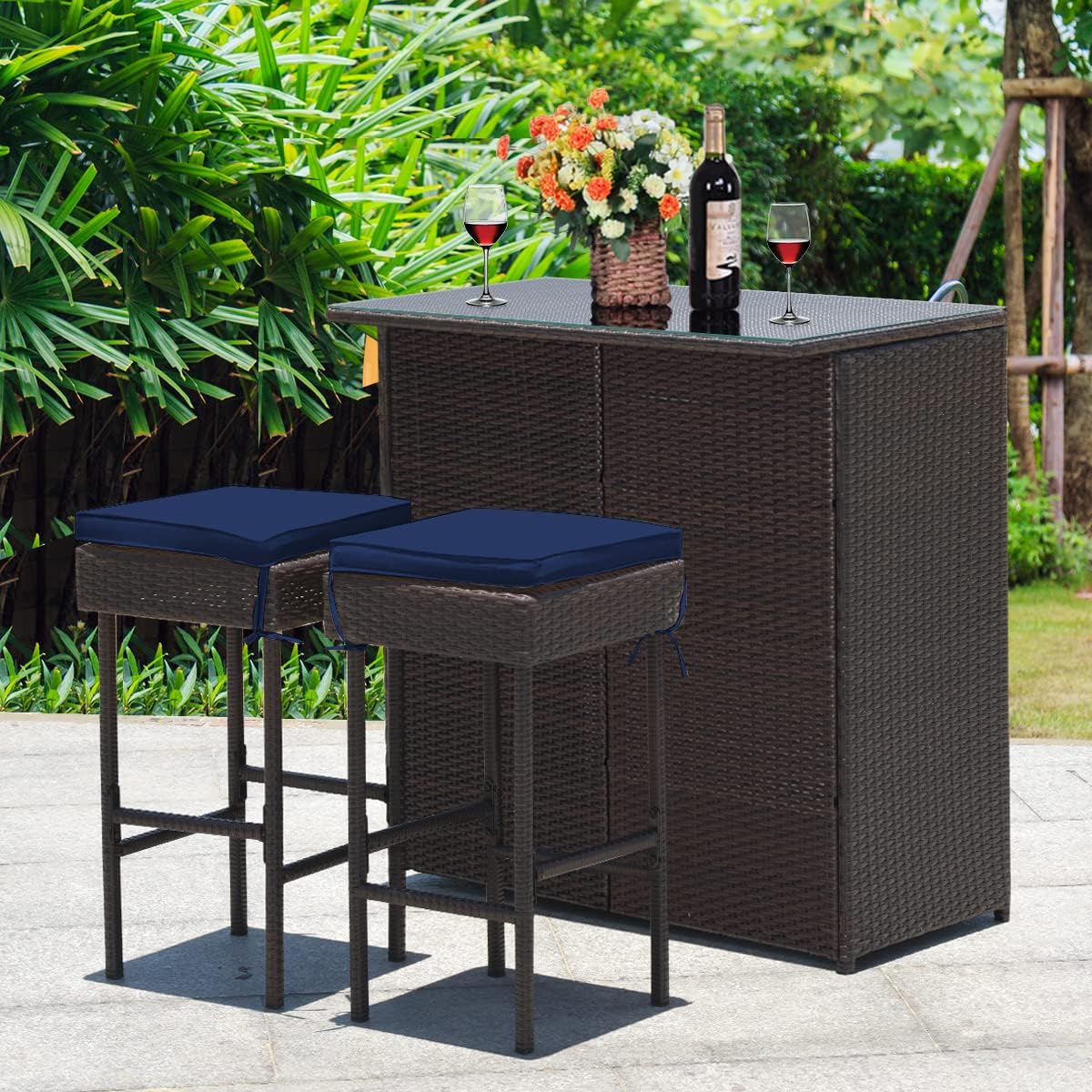 3 Piece Outdoor Rattan Bar Set with Glass Table Stools and Removable Cushions