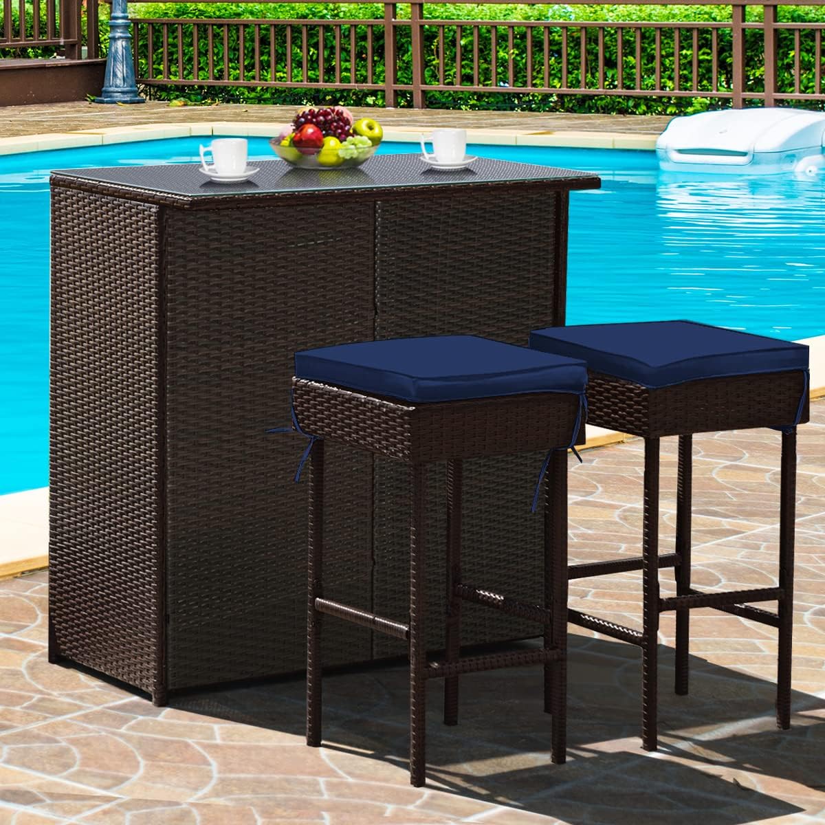 3 Piece Outdoor Rattan Bar Set with Glass Table Stools and Removable Cushions