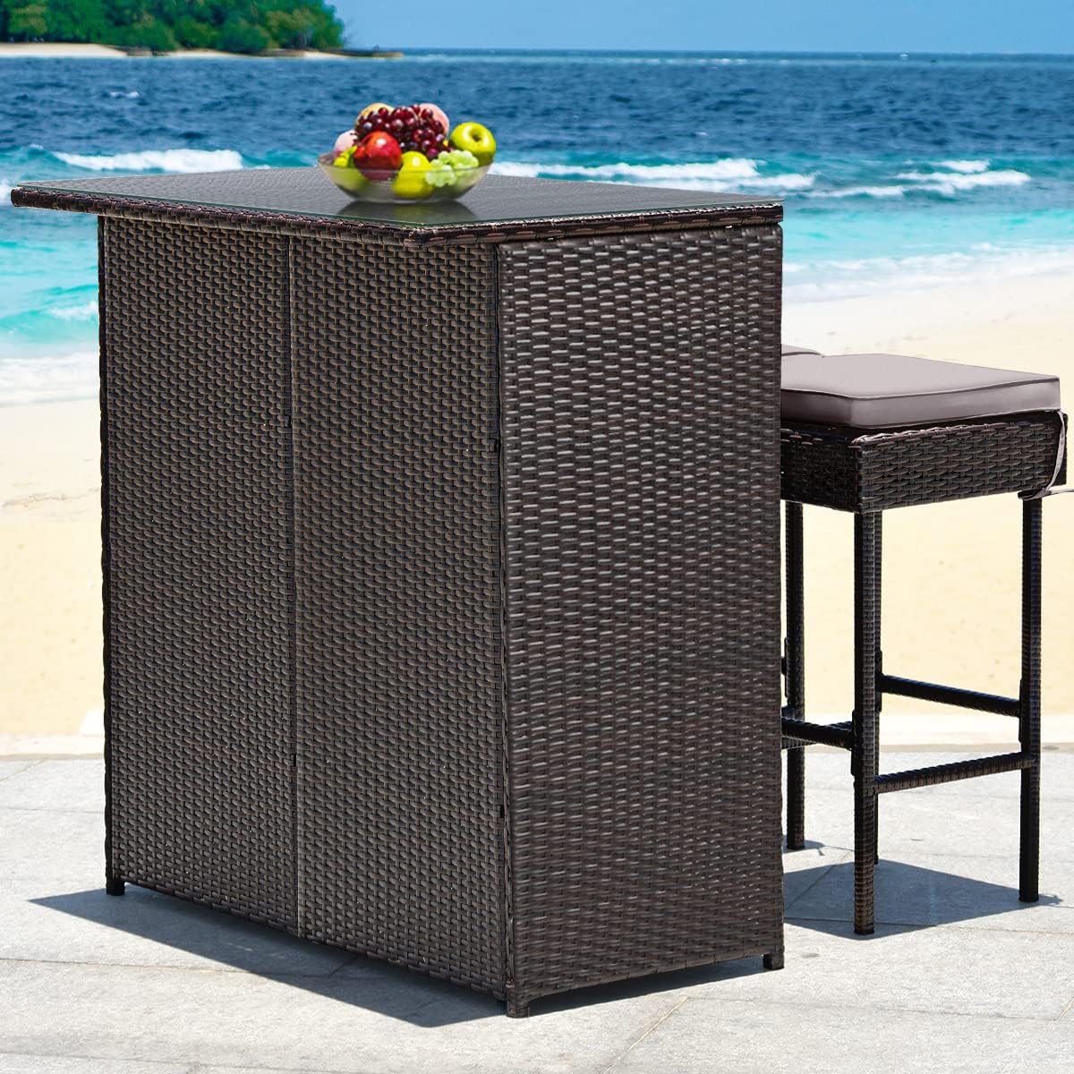 3 Piece Outdoor Rattan Bar Set with Glass Table Stools and Removable Cushions