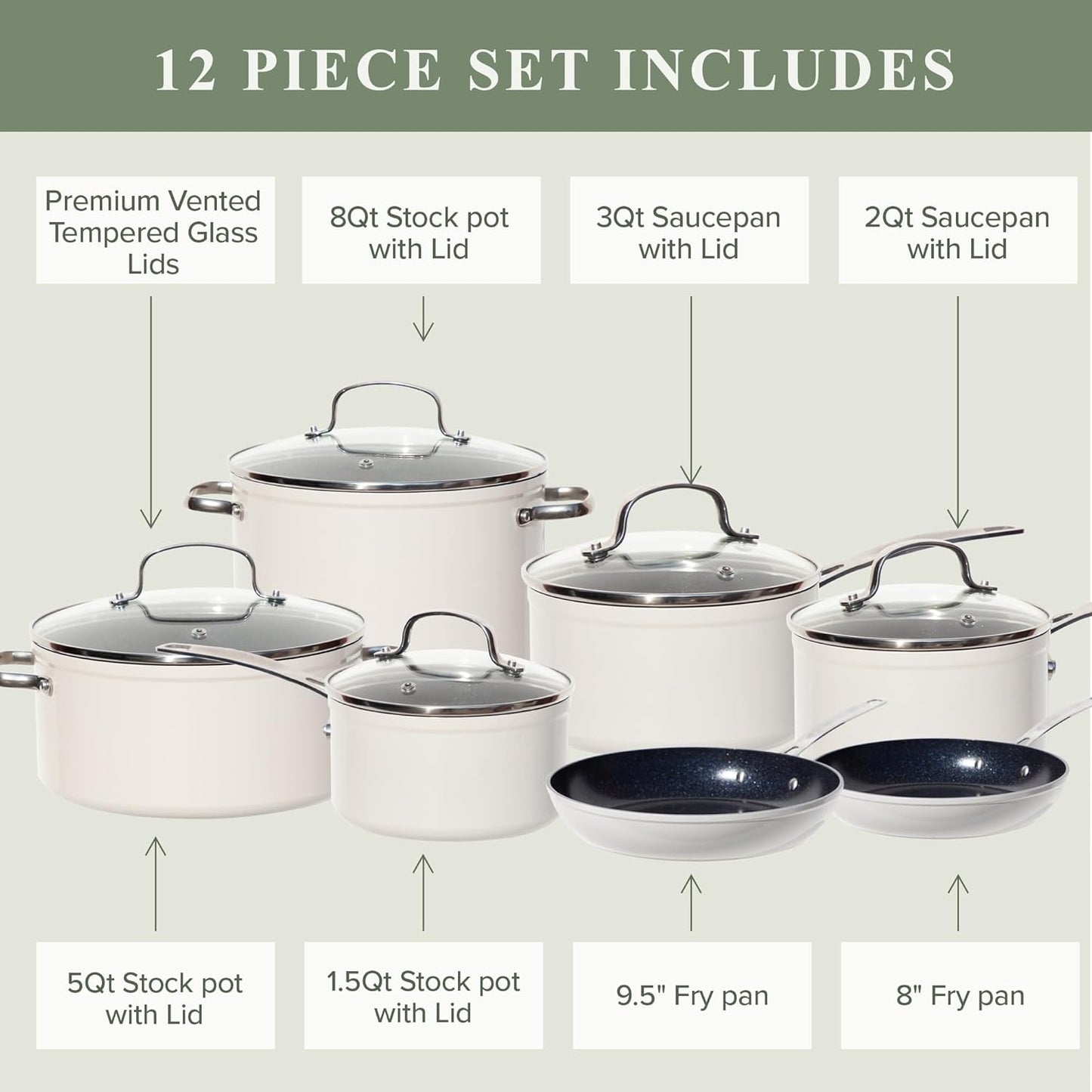 Duralon Blue Ceramic Nonstick Cookware Set Diamond Infused PFAS Free