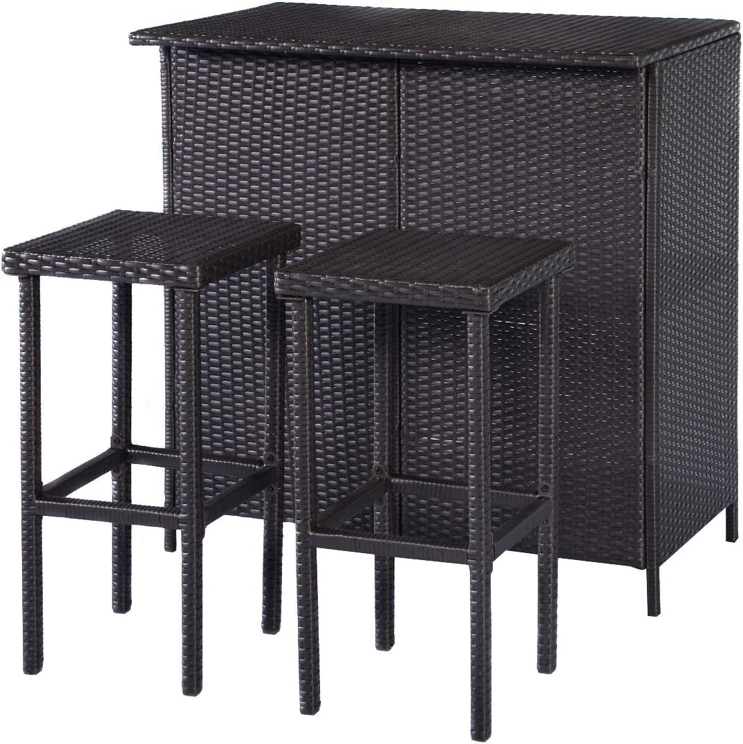 3 Piece Outdoor Rattan Bar Set with Glass Table Stools and Removable Cushions