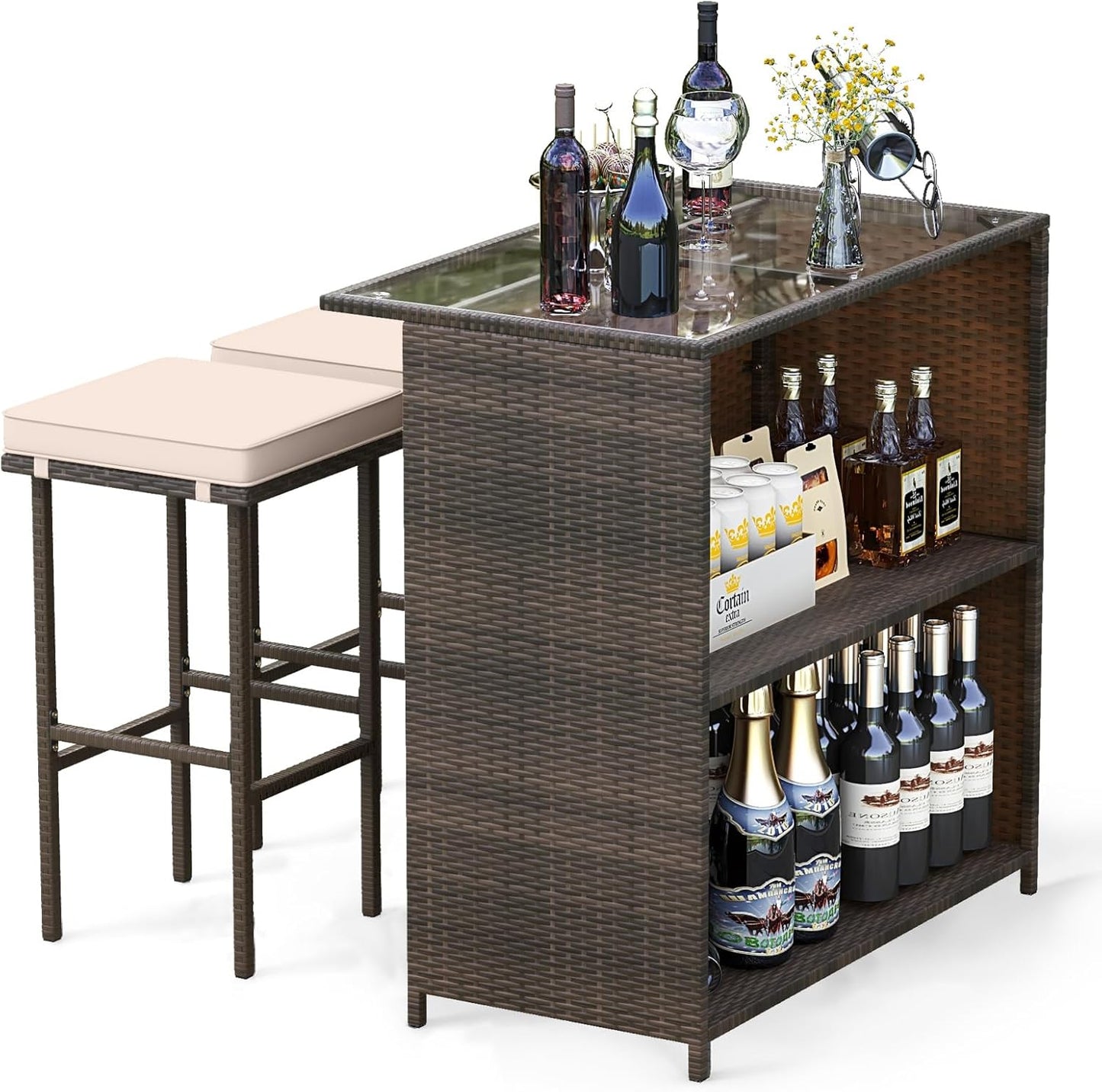 3 Piece Outdoor Rattan Bar Set with Glass Table Stools and Removable Cushions