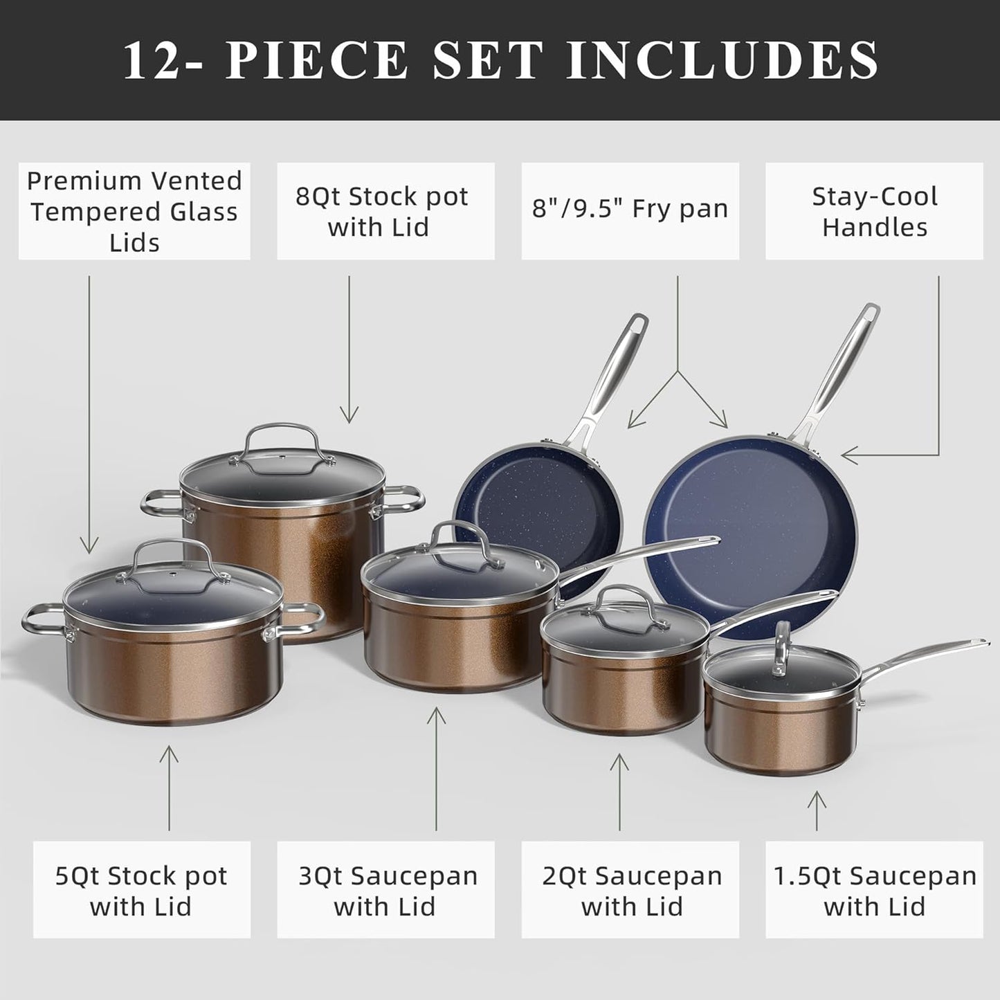 Duralon Blue Ceramic Nonstick Cookware Set Diamond Infused PFAS Free