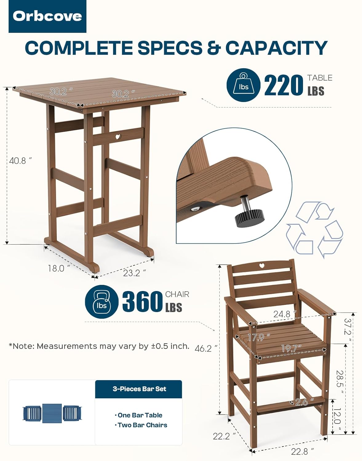 3 Piece Bar Height Patio Table and Chairs Set Weather Resistant HDPE Navy