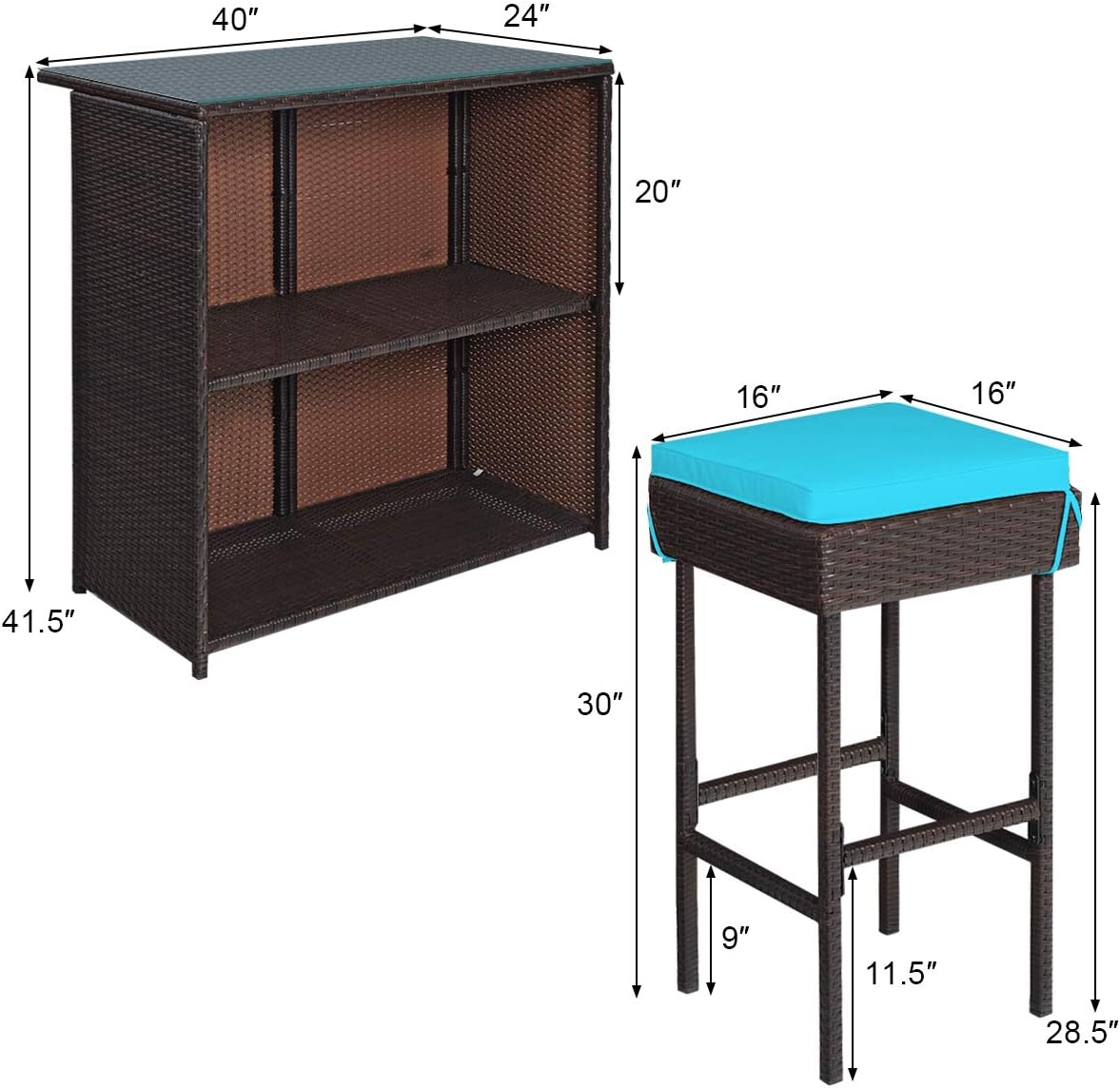 3 Piece Outdoor Rattan Bar Set with Glass Table Stools and Removable Cushions