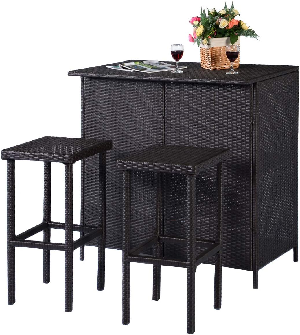3 Piece Outdoor Rattan Bar Set with Glass Table Stools and Removable Cushions