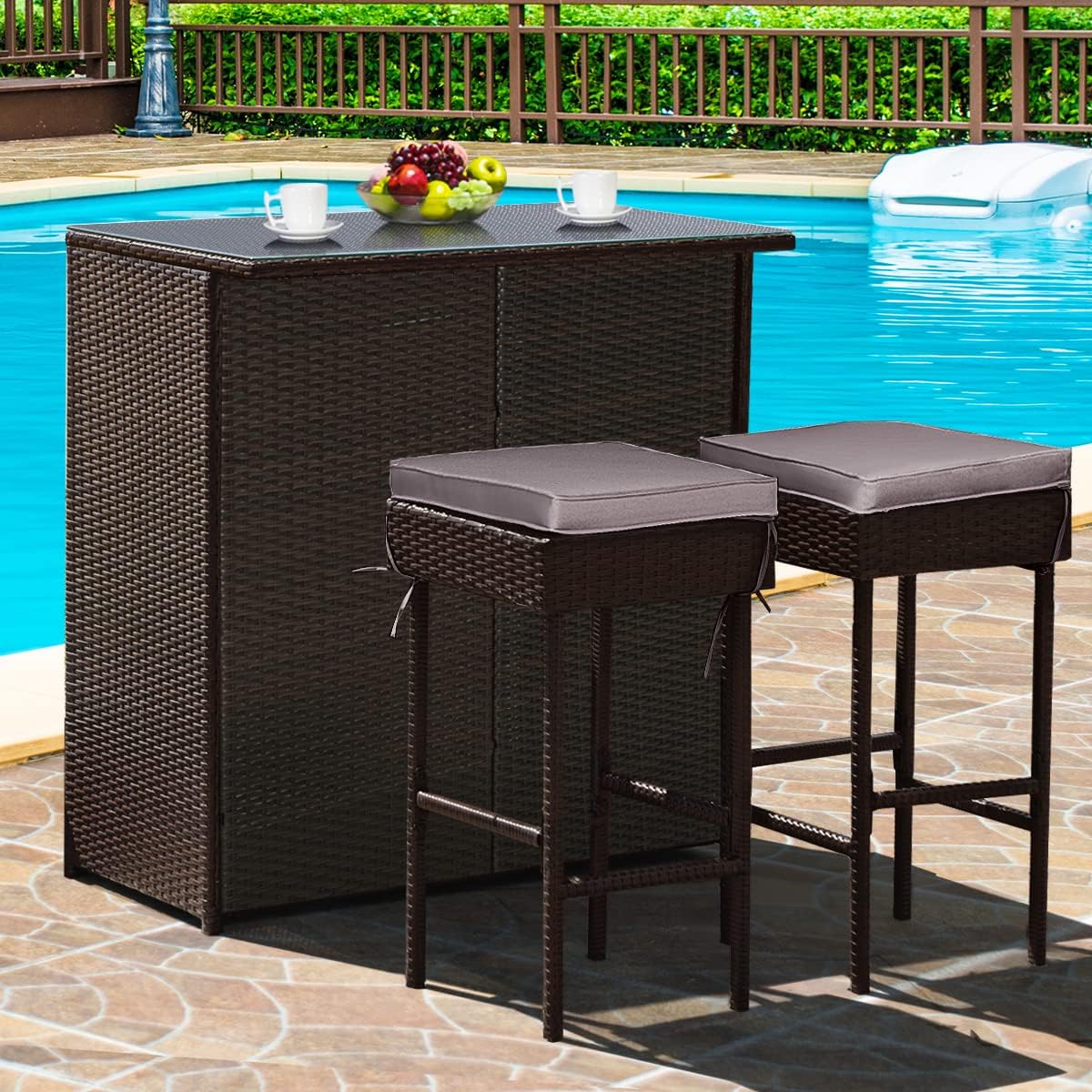 3 Piece Outdoor Rattan Bar Set with Glass Table Stools and Removable Cushions