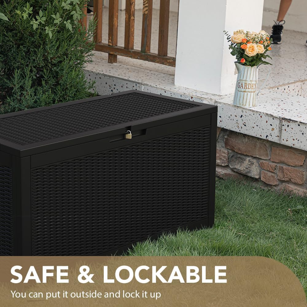 100 Gallon Large Resin Deck Box Waterproof Lockable Outdoor Storage Black