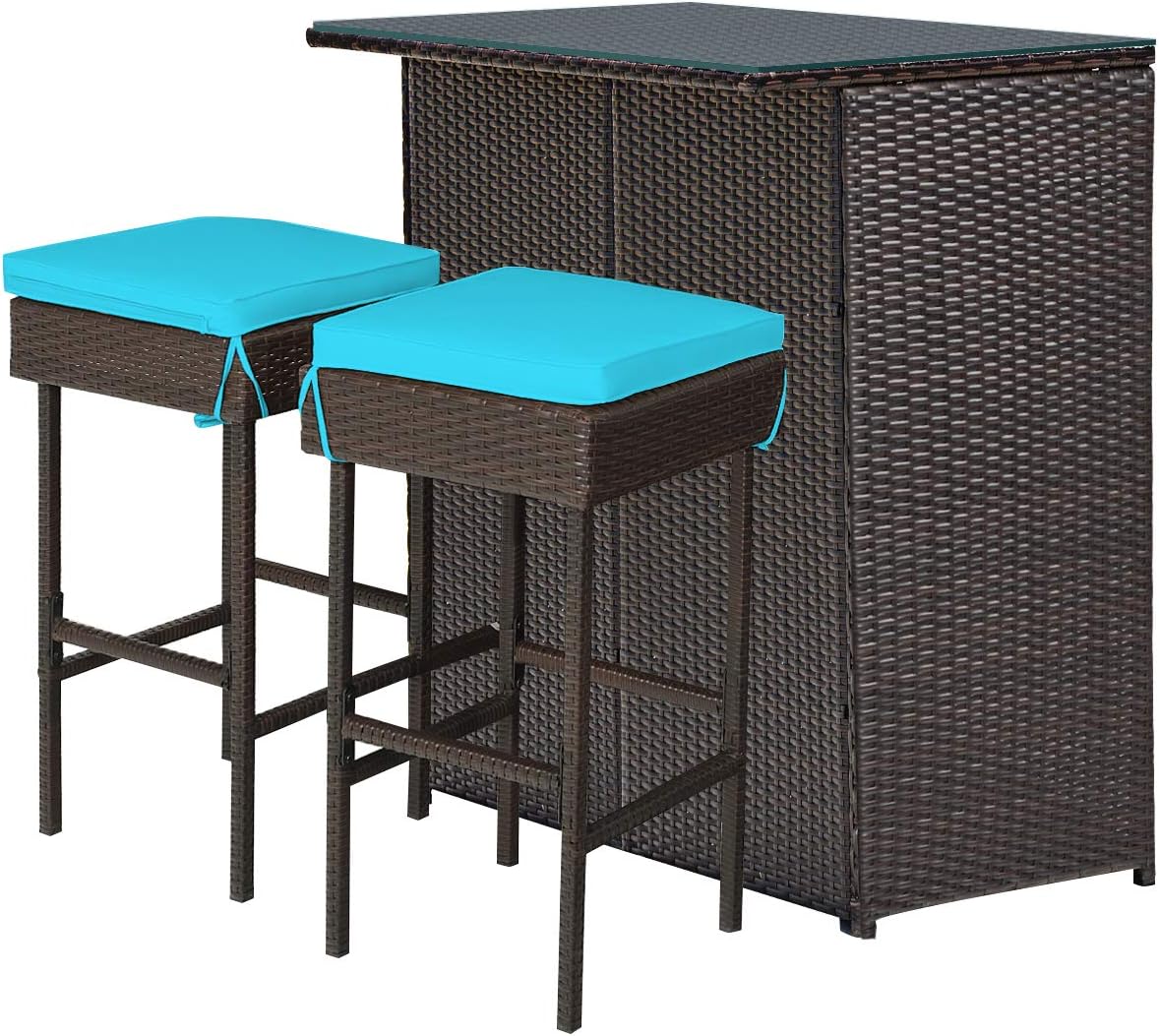 3 Piece Outdoor Rattan Bar Set with Glass Table Stools and Removable Cushions