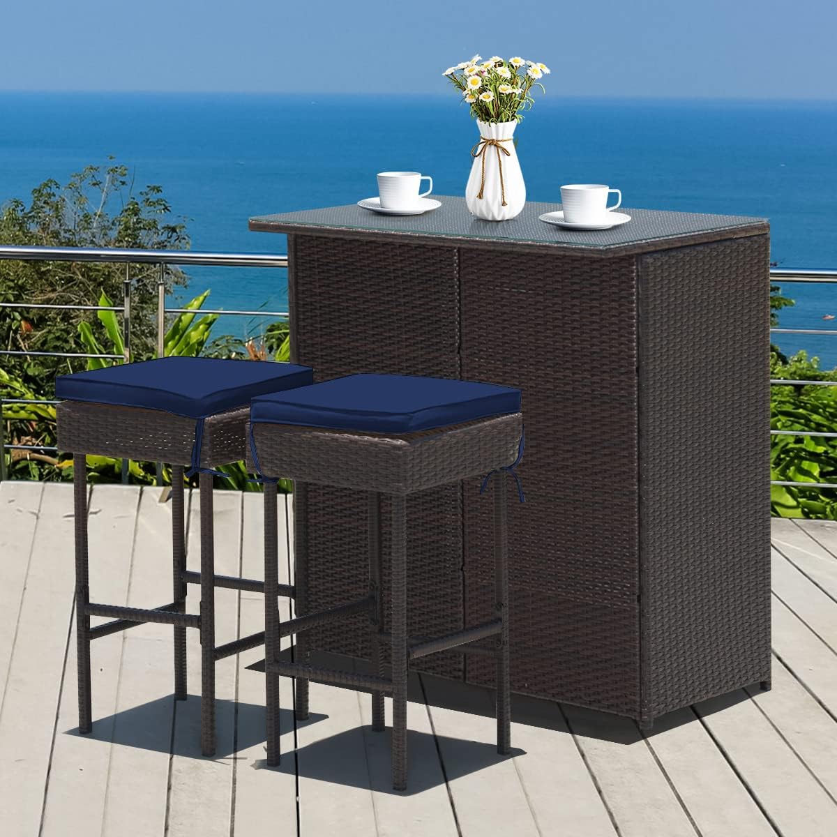 3 Piece Outdoor Rattan Bar Set with Glass Table Stools and Removable Cushions