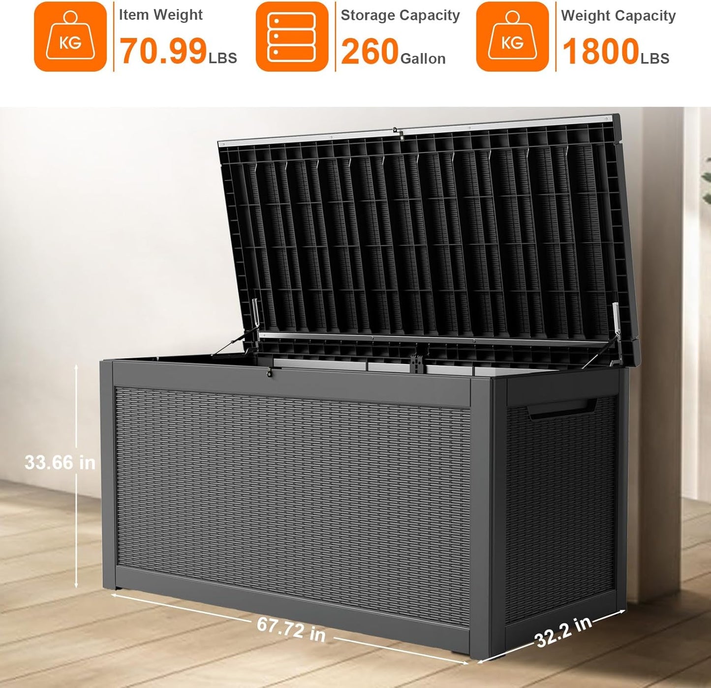 100 Gallon Resin Deck Box Lockable Waterproof Outdoor Storage Black