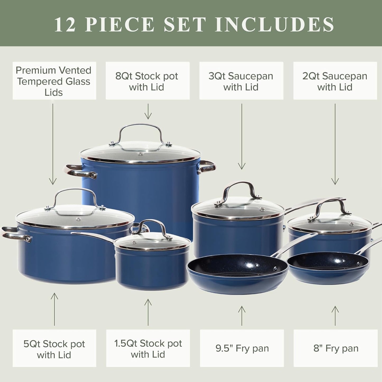 Duralon Blue Ceramic Nonstick Cookware Set Diamond Infused PFAS Free