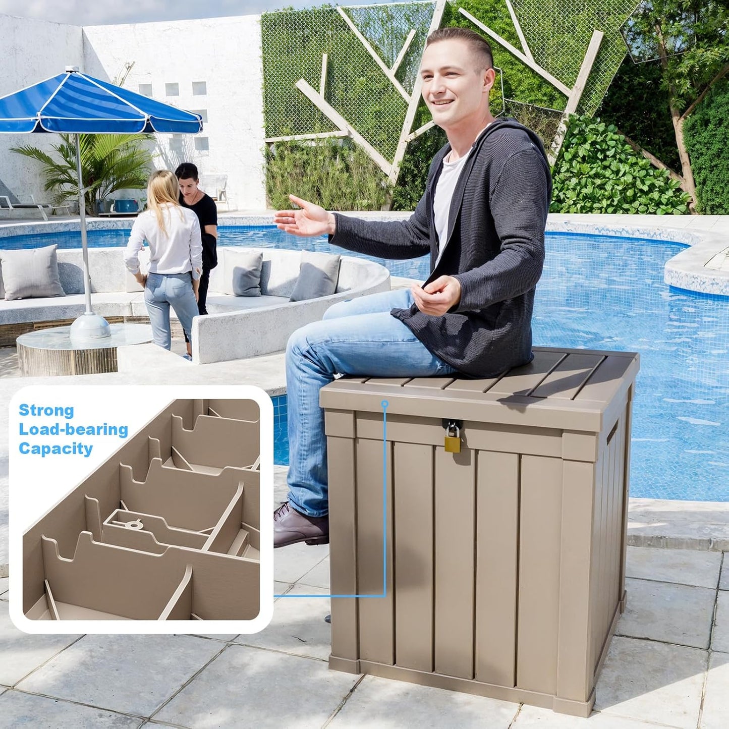 100 Gallon Resin Deck Box Lockable Waterproof Outdoor Storage Black