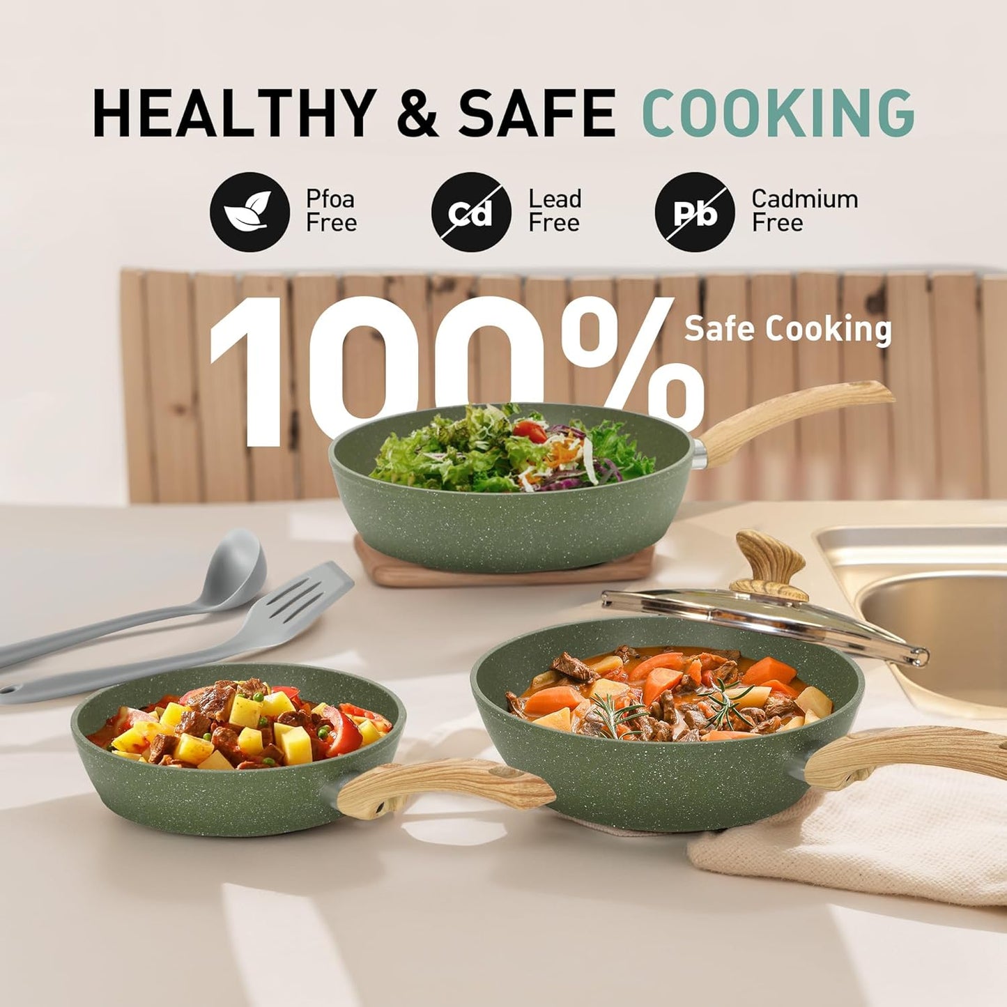 12 Piece Green Granite Nonstick Pots and Pans Set Induction Compatible Cookware