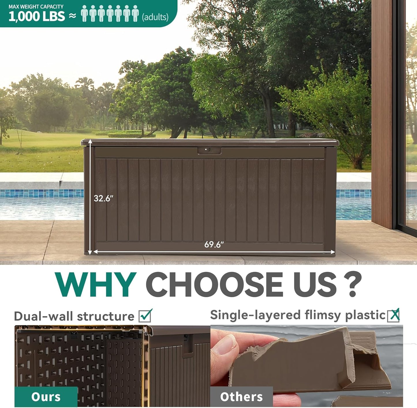 260 Gallon XXL Deck Box Outdoor Resin Lockable Water Resistant Storage Brown