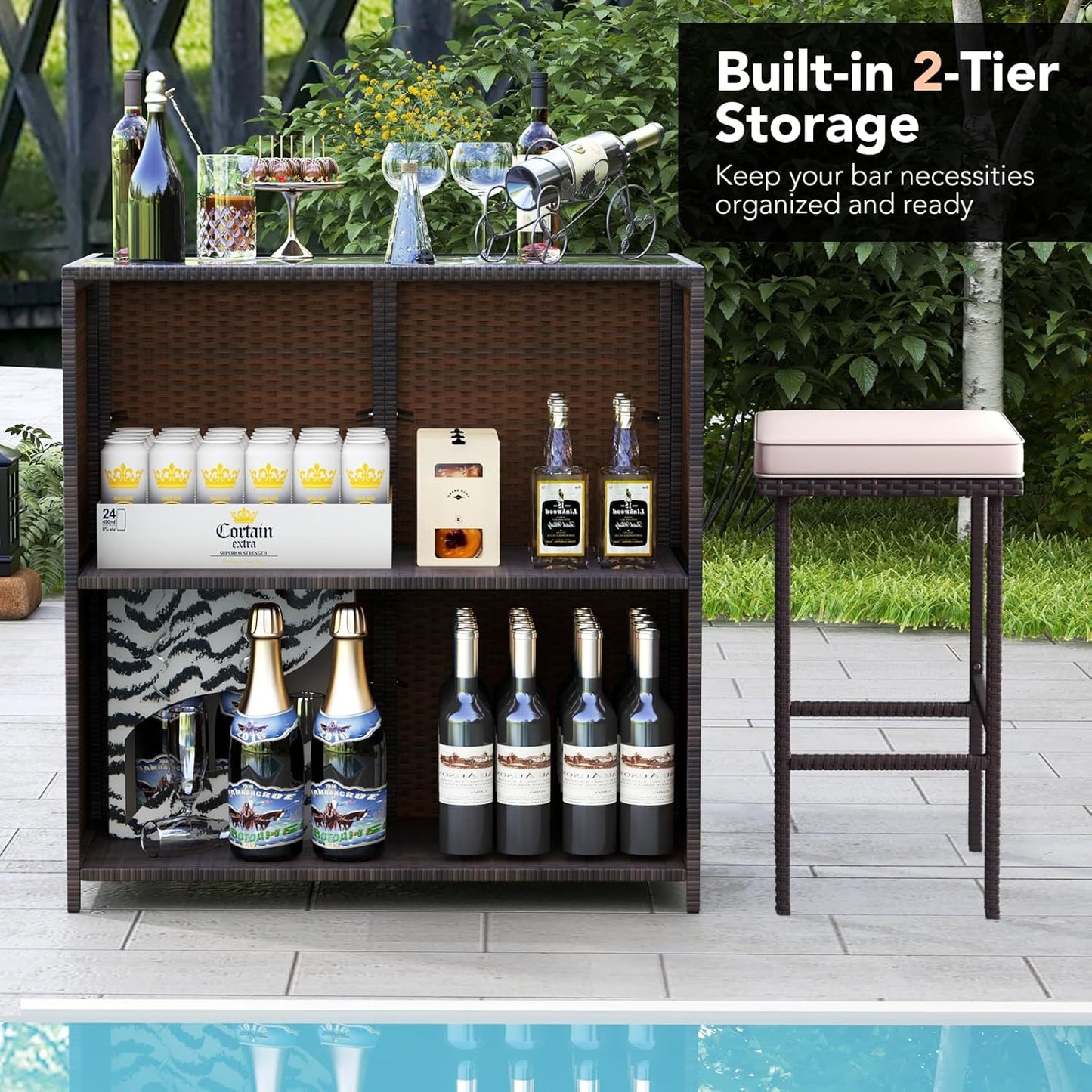 3 Piece Outdoor Rattan Bar Set with Glass Table Stools and Removable Cushions