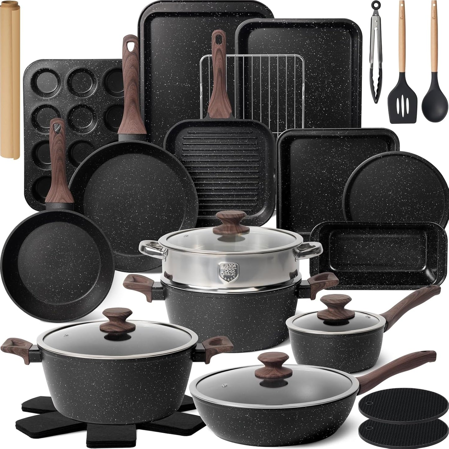 31 Piece Non Stick Pots and Pans Cookware Set with Grill Pan Saucepan and Utensils