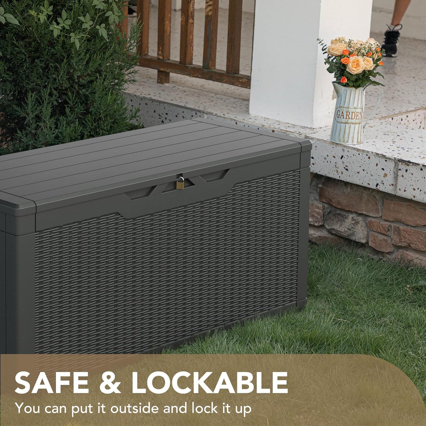 100 Gallon Large Resin Deck Box Waterproof Lockable Outdoor Storage Black