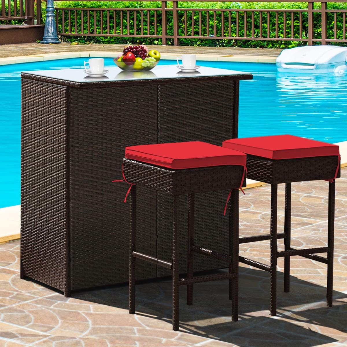 3 Piece Outdoor Rattan Bar Set with Glass Table Stools and Removable Cushions