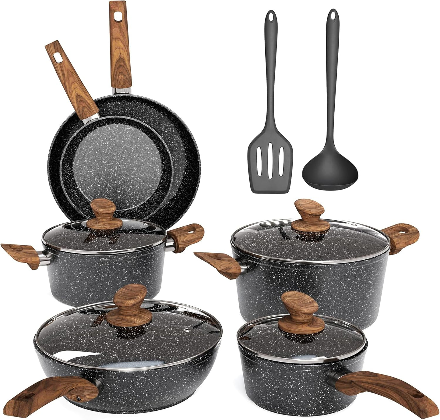 12 Piece Green Granite Nonstick Pots and Pans Set Induction Compatible Cookware