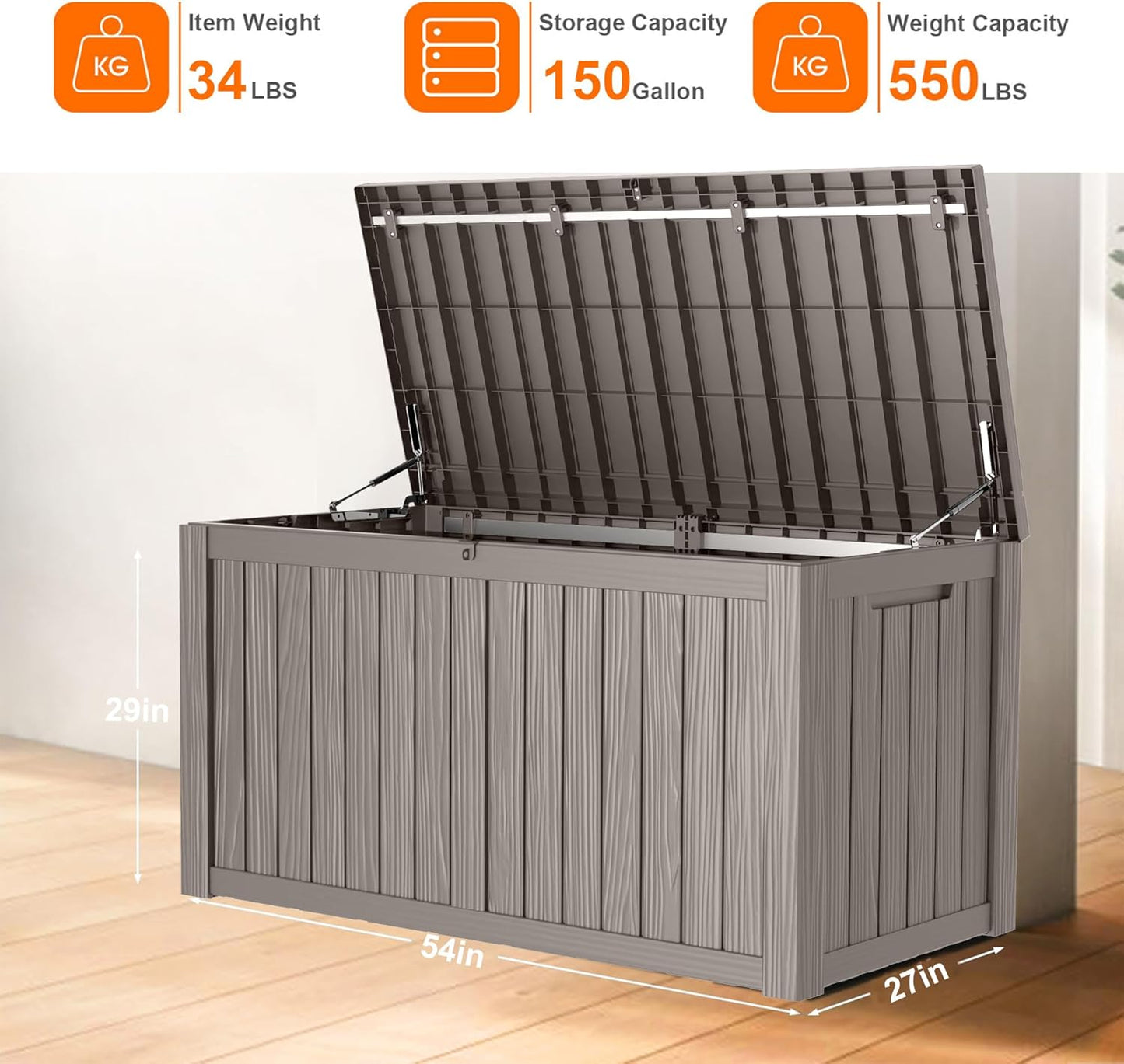 100 Gallon Resin Deck Box Lockable Waterproof Outdoor Storage Black