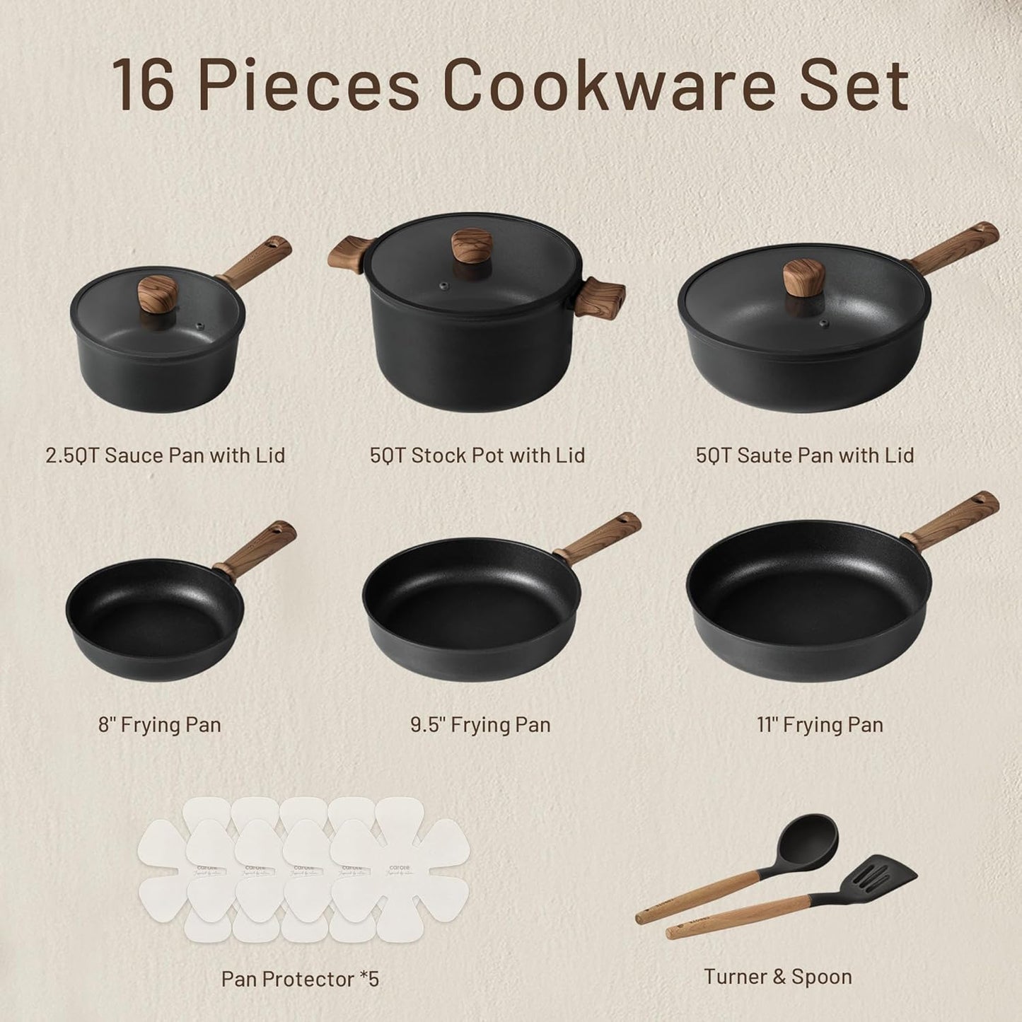16 Piece Nonstick Pots and Pans Set Induction Compatible Kitchen Cookware