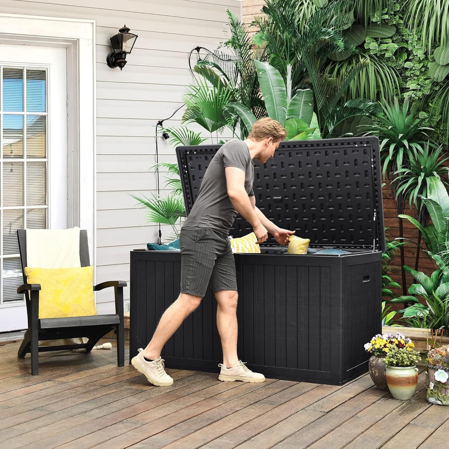 100 Gallon Resin Deck Box Weather Resistant Lockable Outdoor Storage Taupe