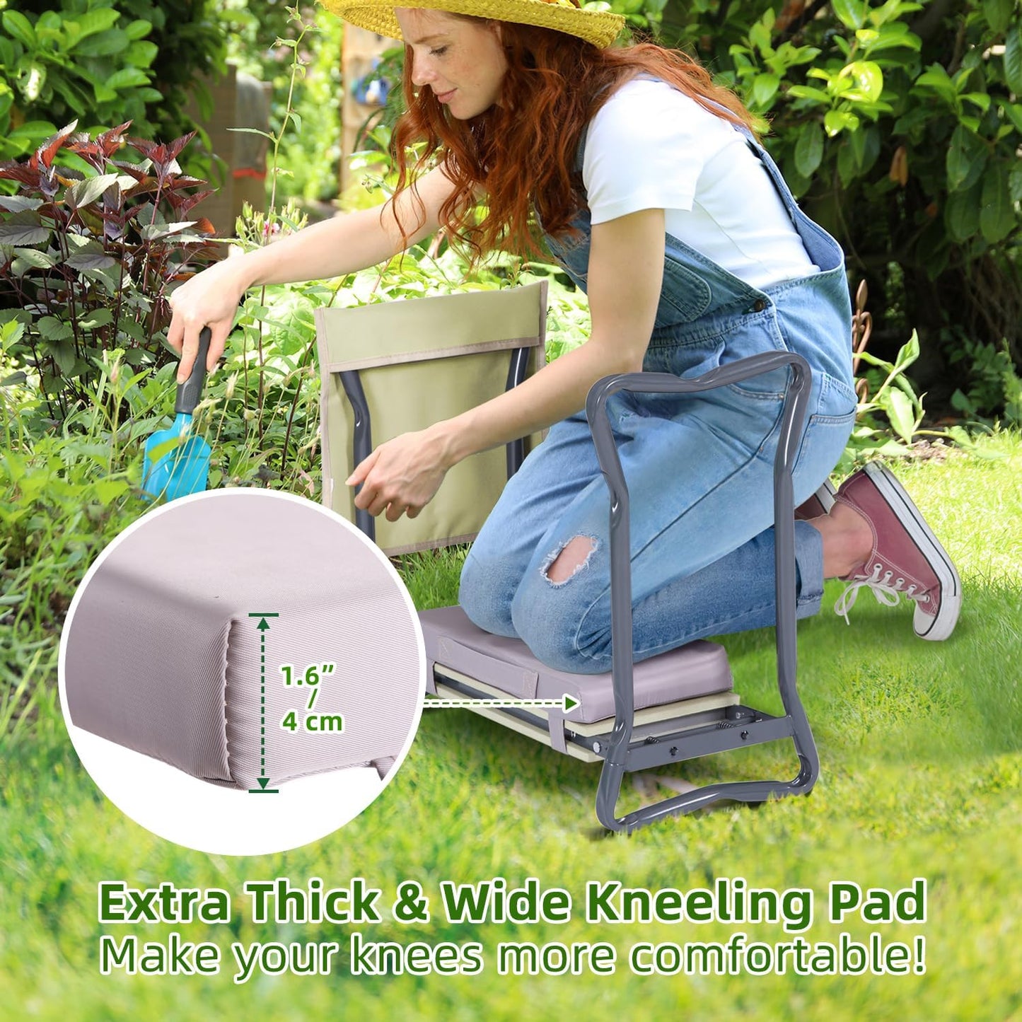 Foldable Heavy Duty Garden Kneeler and Seat with EVA Pad and Tool Pouches
