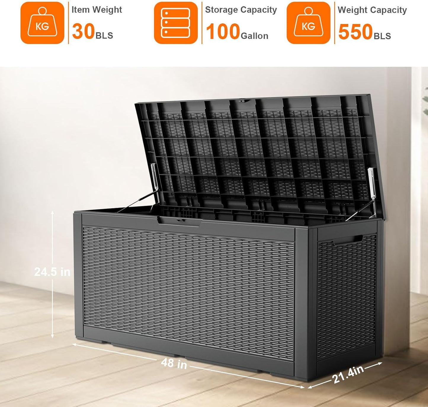 100 Gallon Resin Deck Box Lockable Waterproof Outdoor Storage Black