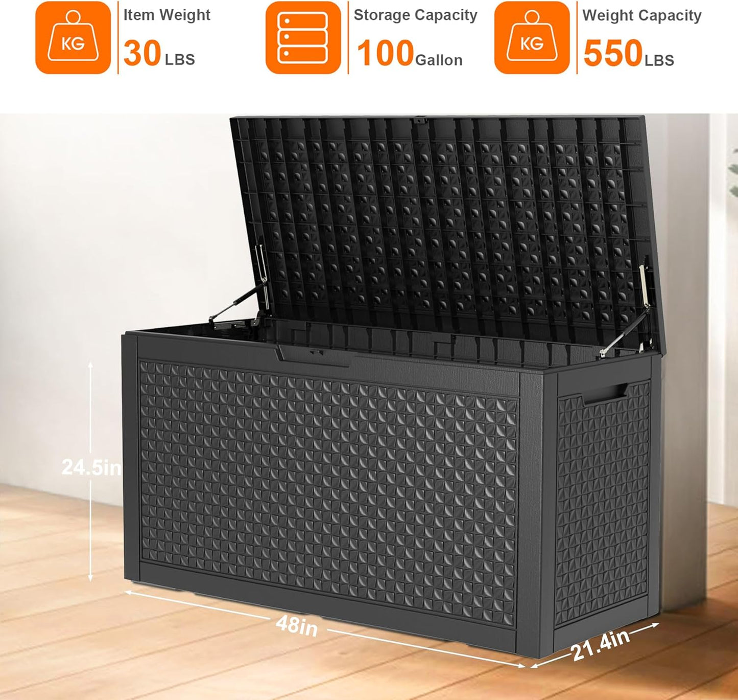 100 Gallon Resin Deck Box Lockable Waterproof Outdoor Storage Black