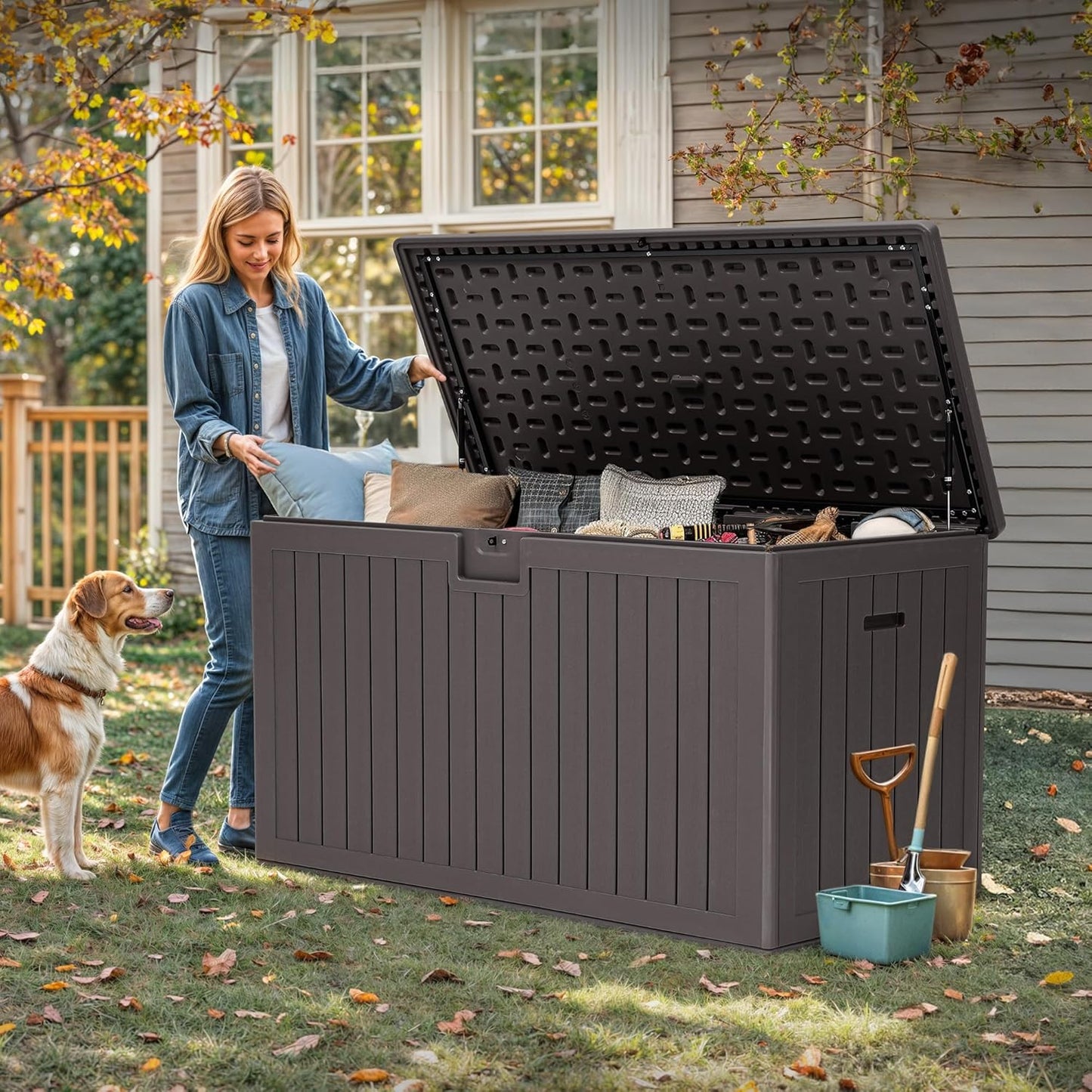 260 Gallon XXL Deck Box Outdoor Resin Lockable Water Resistant Storage Brown