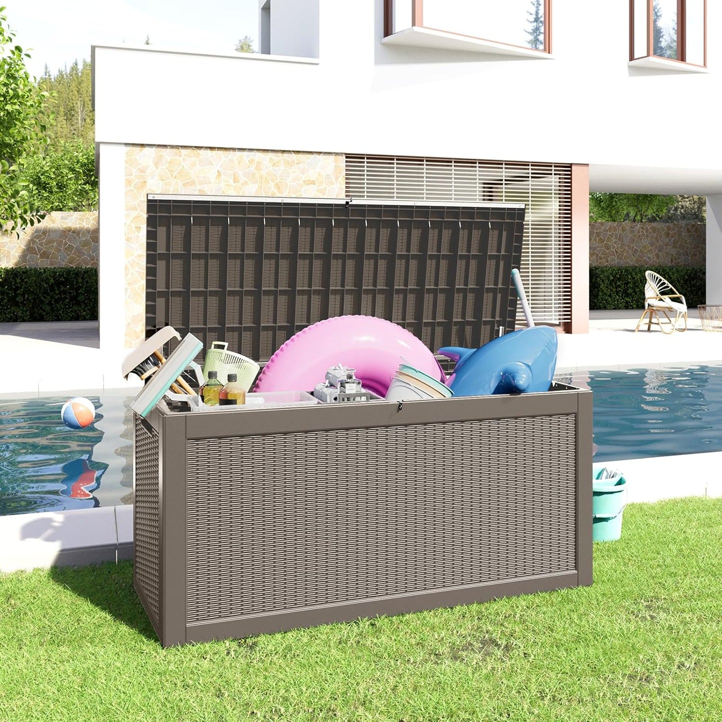 100 Gallon Resin Deck Box Lockable Waterproof Outdoor Storage Black