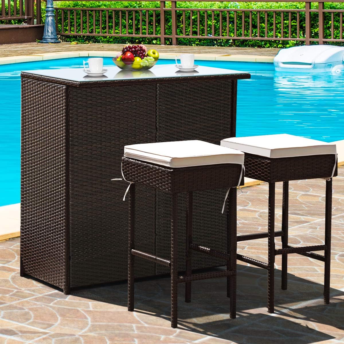 3 Piece Outdoor Rattan Bar Set with Glass Table Stools and Removable Cushions