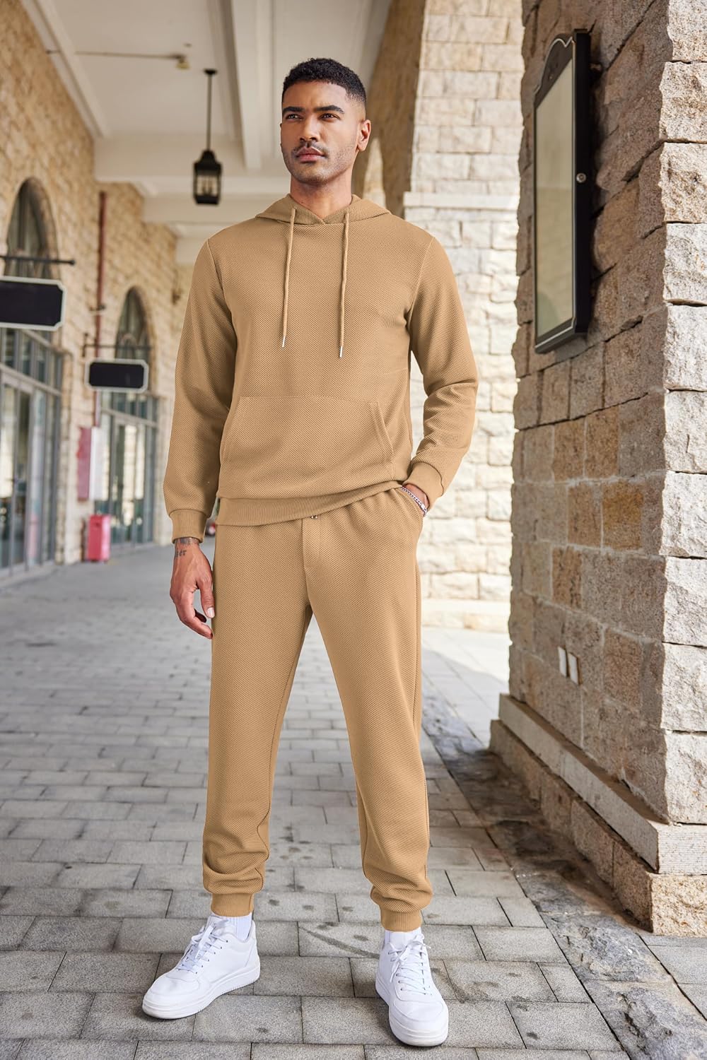 Men's Tracksuits 2 Pieces Waffle Hoodies Jogging Suit Set
