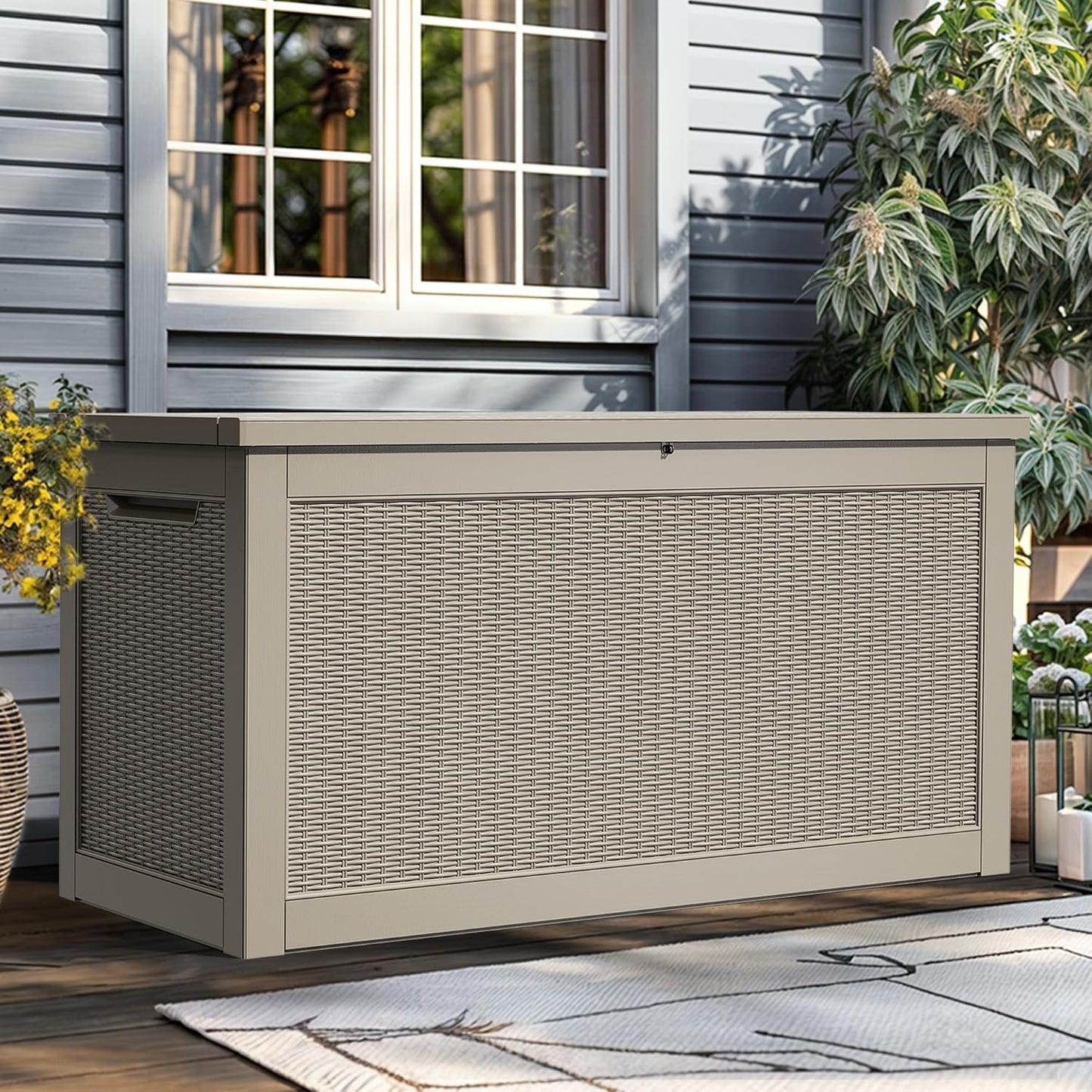 100 Gallon Resin Deck Box Weather Resistant Lockable Outdoor Storage Taupe