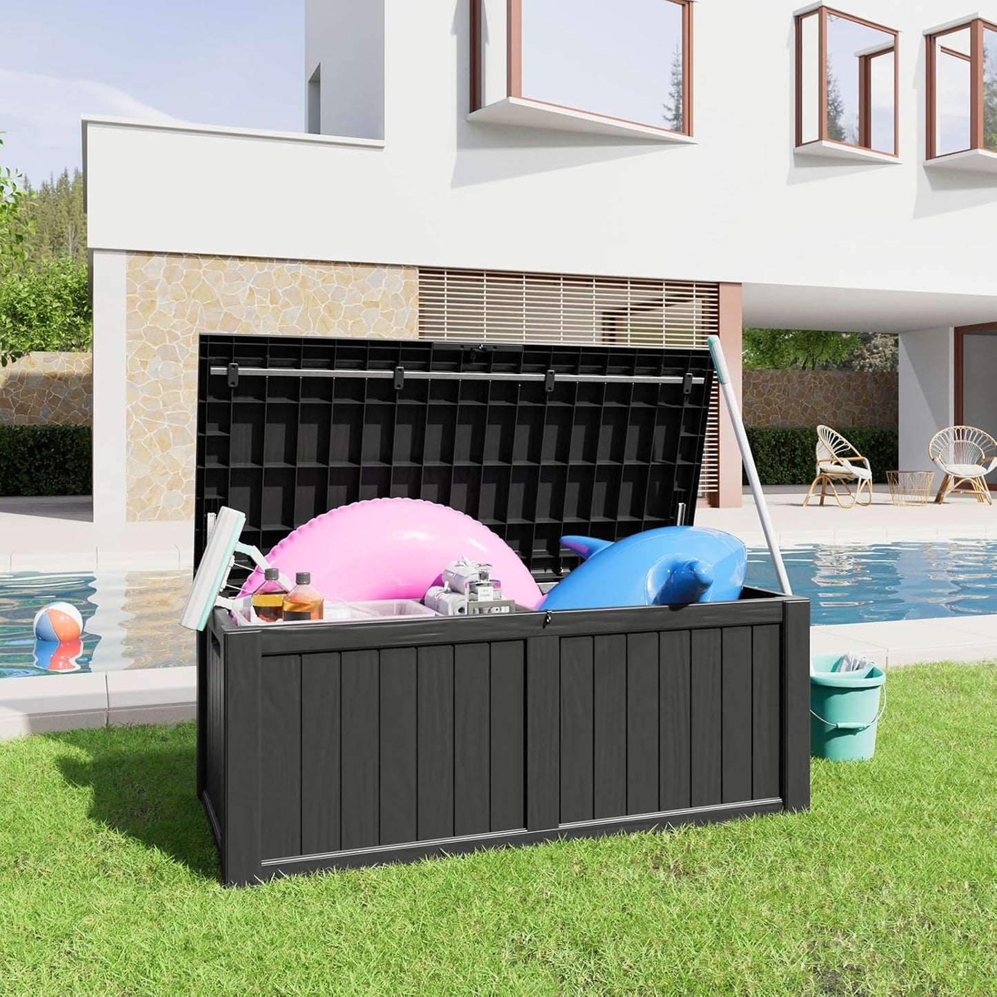 100 Gallon Resin Deck Box Lockable Waterproof Outdoor Storage Black