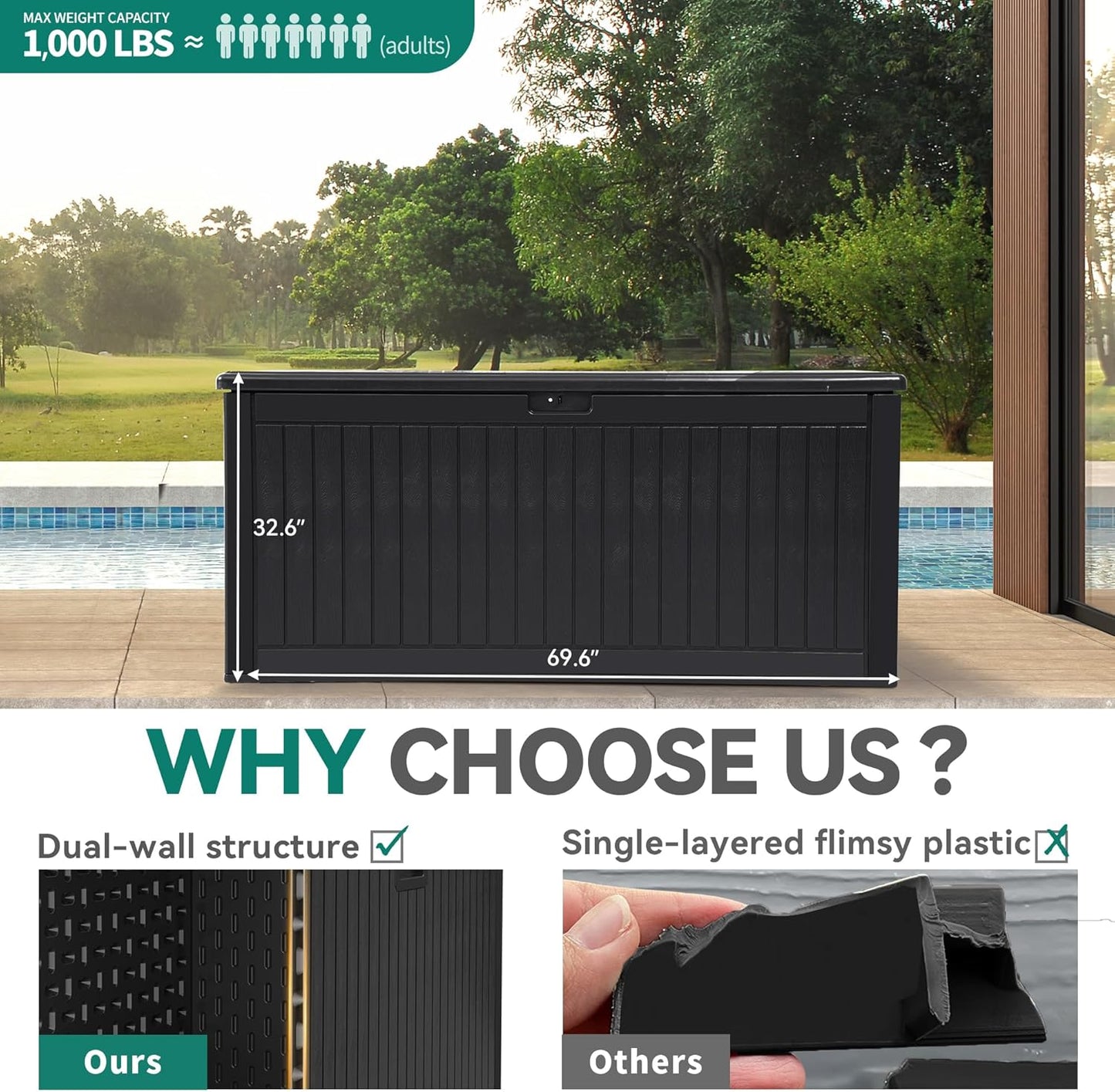 260 Gallon XXL Deck Box Outdoor Resin Lockable Water Resistant Storage Brown