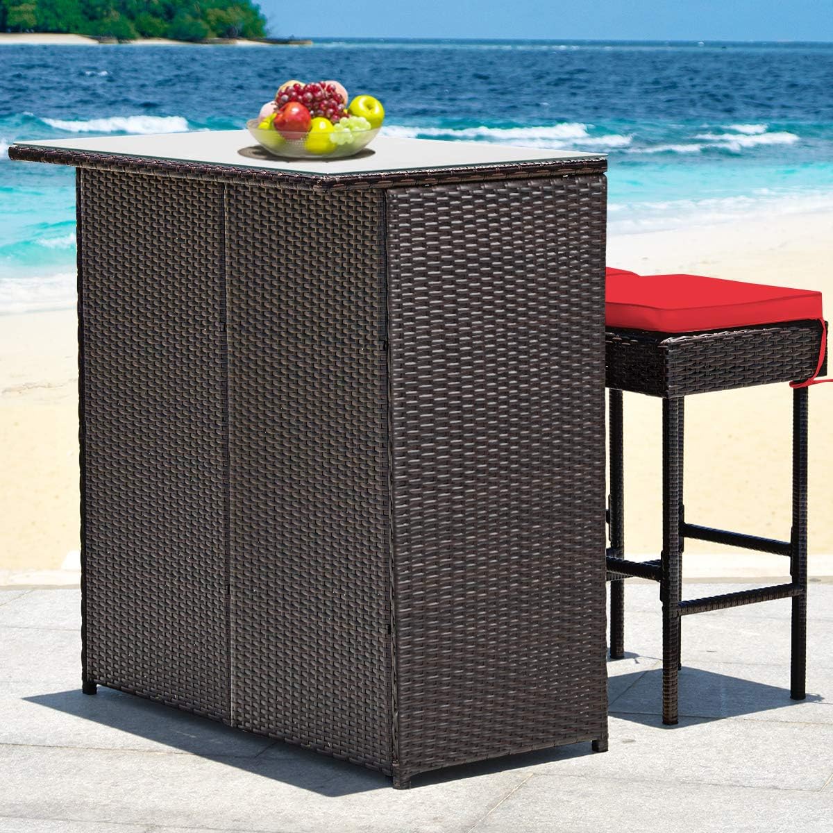 3 Piece Outdoor Rattan Bar Set with Glass Table Stools and Removable Cushions