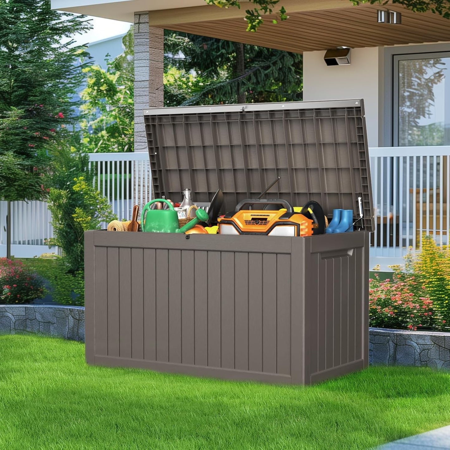 100 Gallon Resin Deck Box Lockable Waterproof Outdoor Storage Black