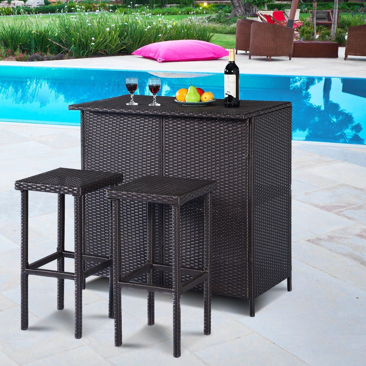 3 Piece Outdoor Rattan Bar Set with Glass Table Stools and Removable Cushions