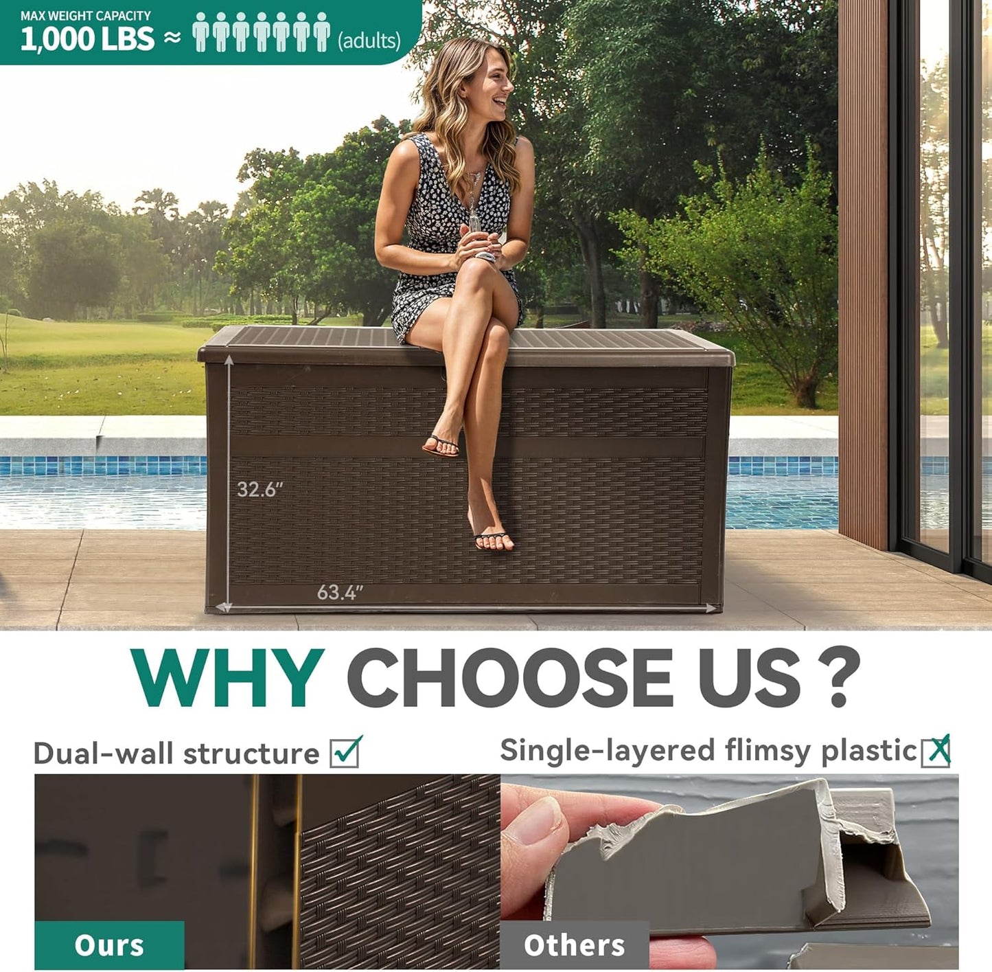 260 Gallon XXL Deck Box Outdoor Resin Lockable Water Resistant Storage Brown