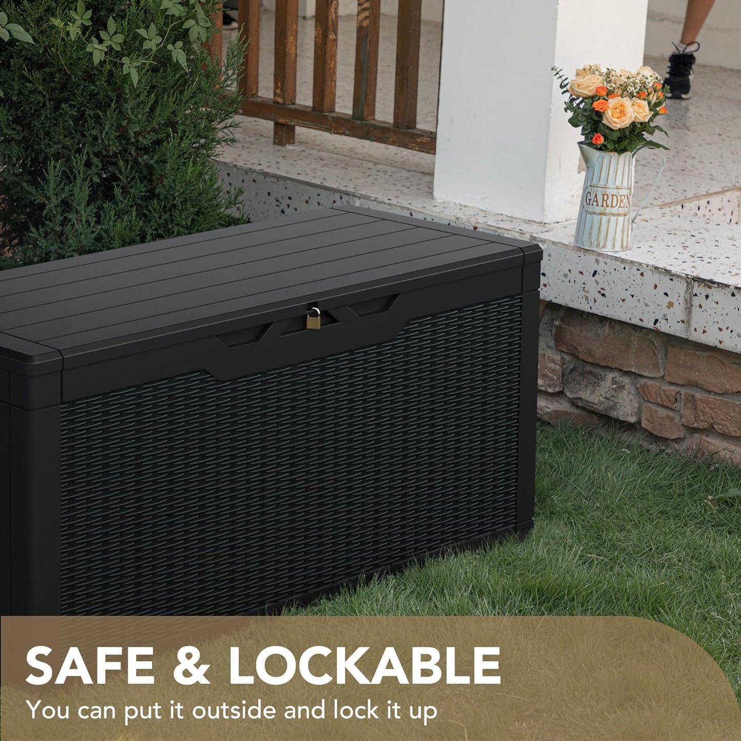 100 Gallon Large Resin Deck Box Waterproof Lockable Outdoor Storage Black