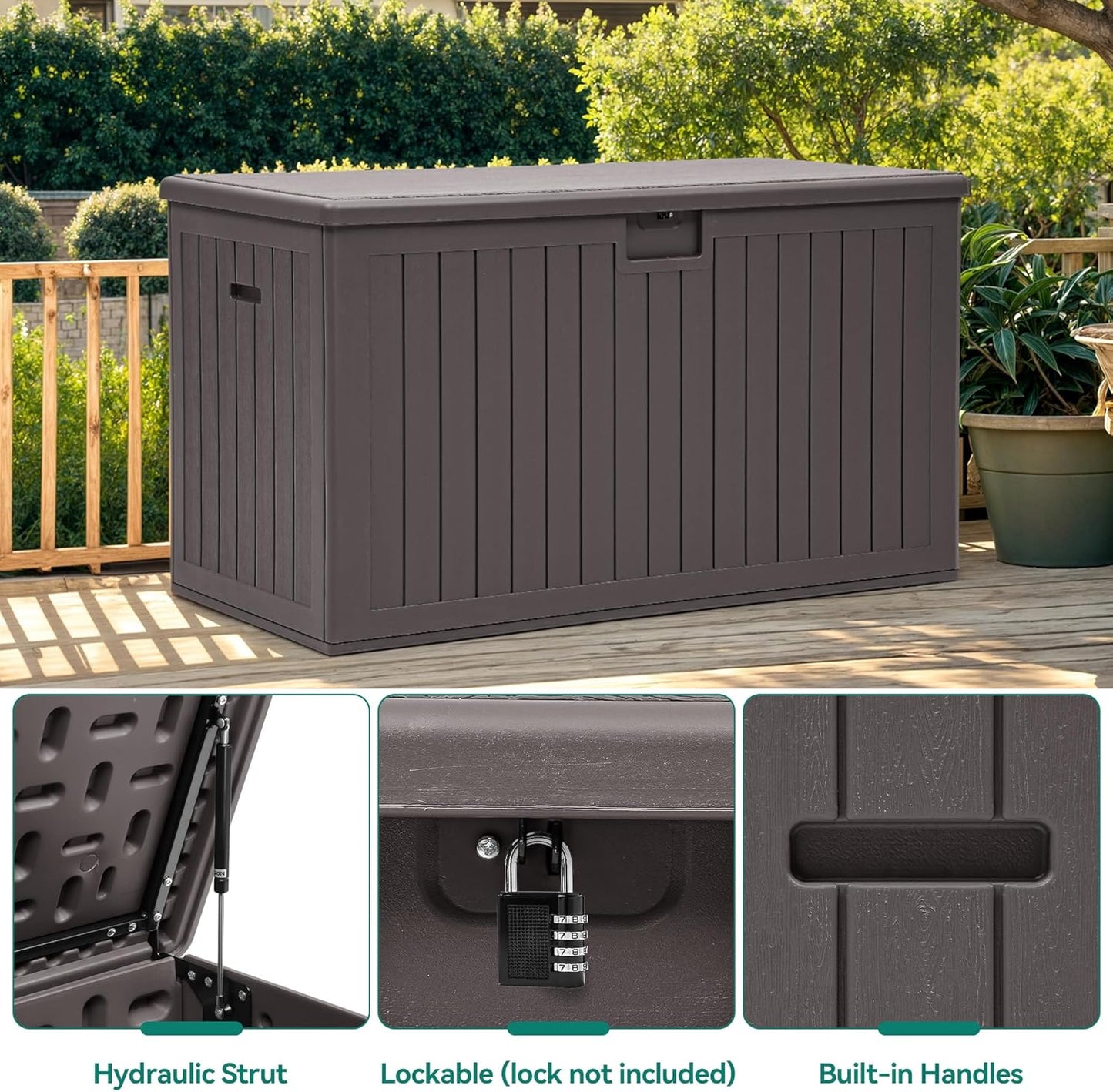 260 Gallon XXL Deck Box Outdoor Resin Lockable Water Resistant Storage Brown
