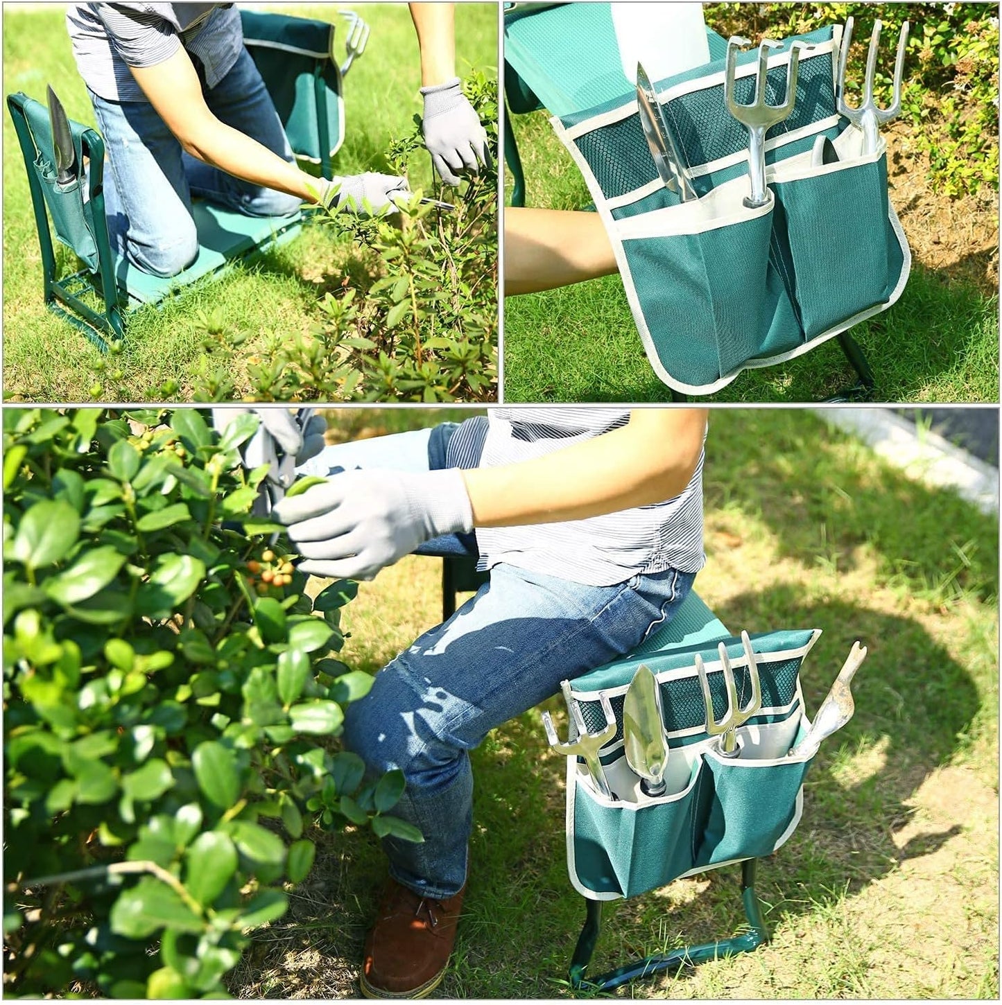 Foldable Heavy Duty Garden Kneeler and Seat with EVA Pad and Tool Pouches