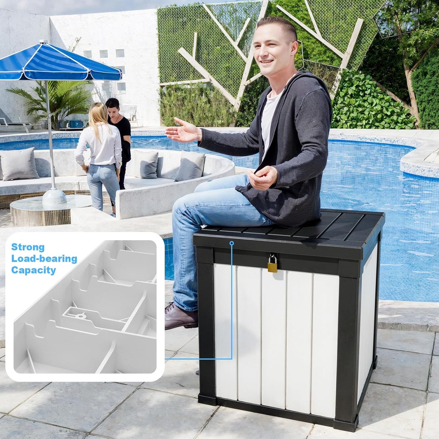 100 Gallon Resin Deck Box Lockable Waterproof Outdoor Storage Black